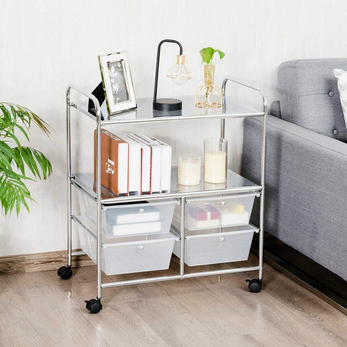 image:imageGiantex Rolling Storage Cart w 4 Drawers 2 Shelves Metal Rack Shelf Home Office School Beauty Salon Utility Organizer Cart with Wheels Blue amp GreenClear White