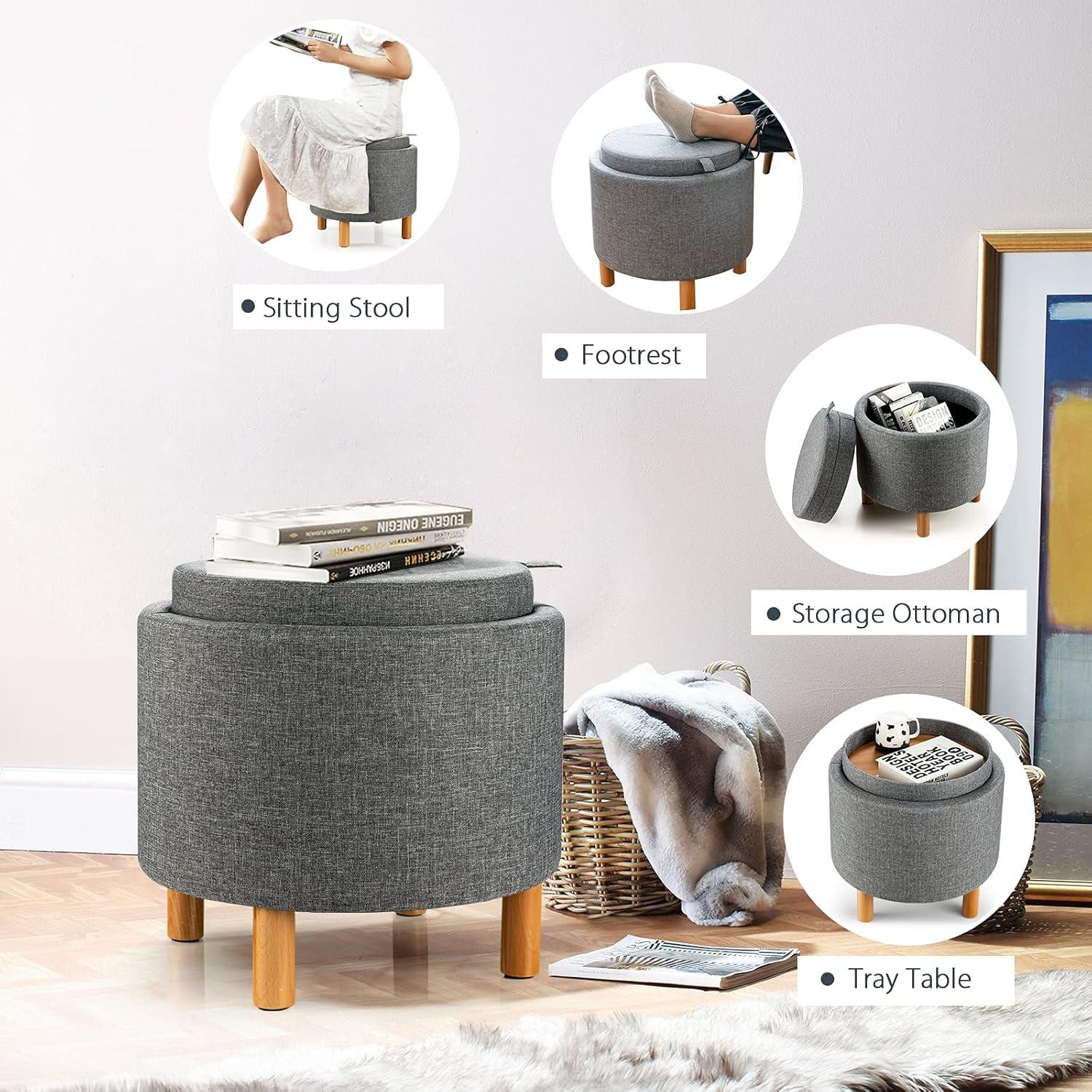 image:imageGiantex Round Storage Ottoman with Tray Lid Accent Storage Footstool wSoft Padding Fabric Sitting Stool wSolid Wood Legs amp NonSlip Pads Tray Top Coffee Table for Living Room Bedroom BeigeGrey