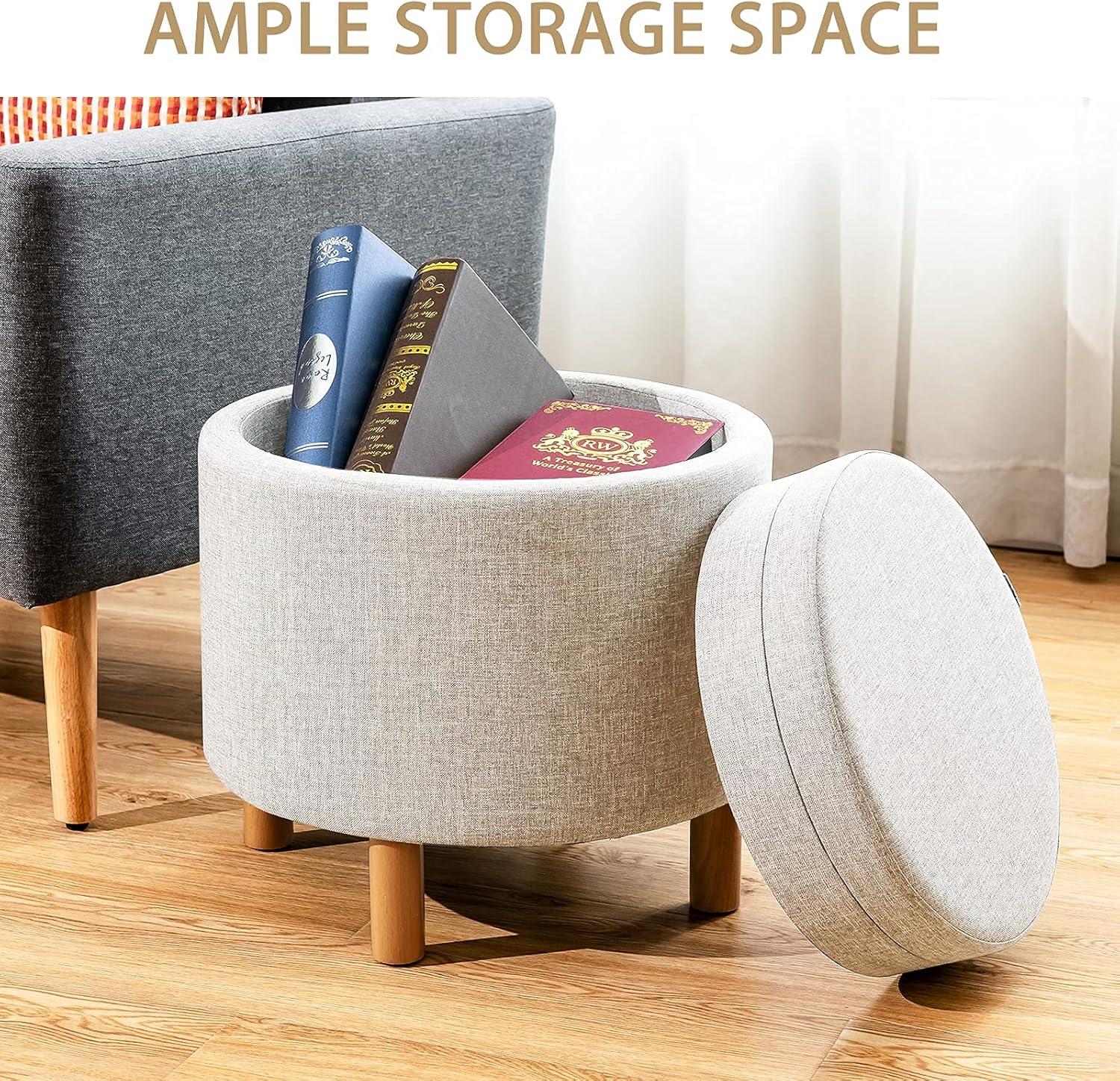 image:imageGiantex Round Storage Ottoman with Tray Lid Accent Storage Footstool wSoft Padding Fabric Sitting Stool wSolid Wood Legs amp NonSlip Pads Tray Top Coffee Table for Living Room Bedroom BeigeBeige
