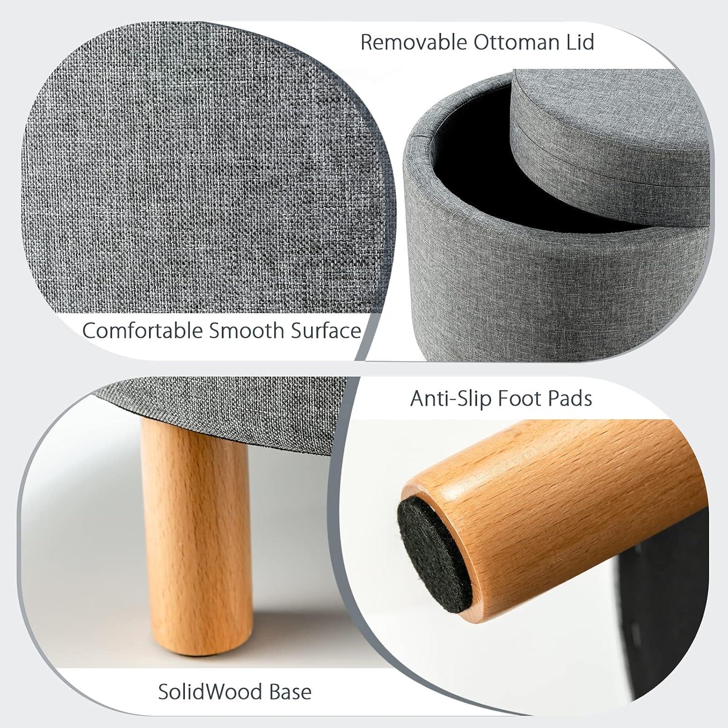 image:imageGiantex Round Storage Ottoman with Tray Lid Accent Storage Footstool wSoft Padding Fabric Sitting Stool wSolid Wood Legs amp NonSlip Pads Tray Top Coffee Table for Living Room Bedroom BeigeGrey