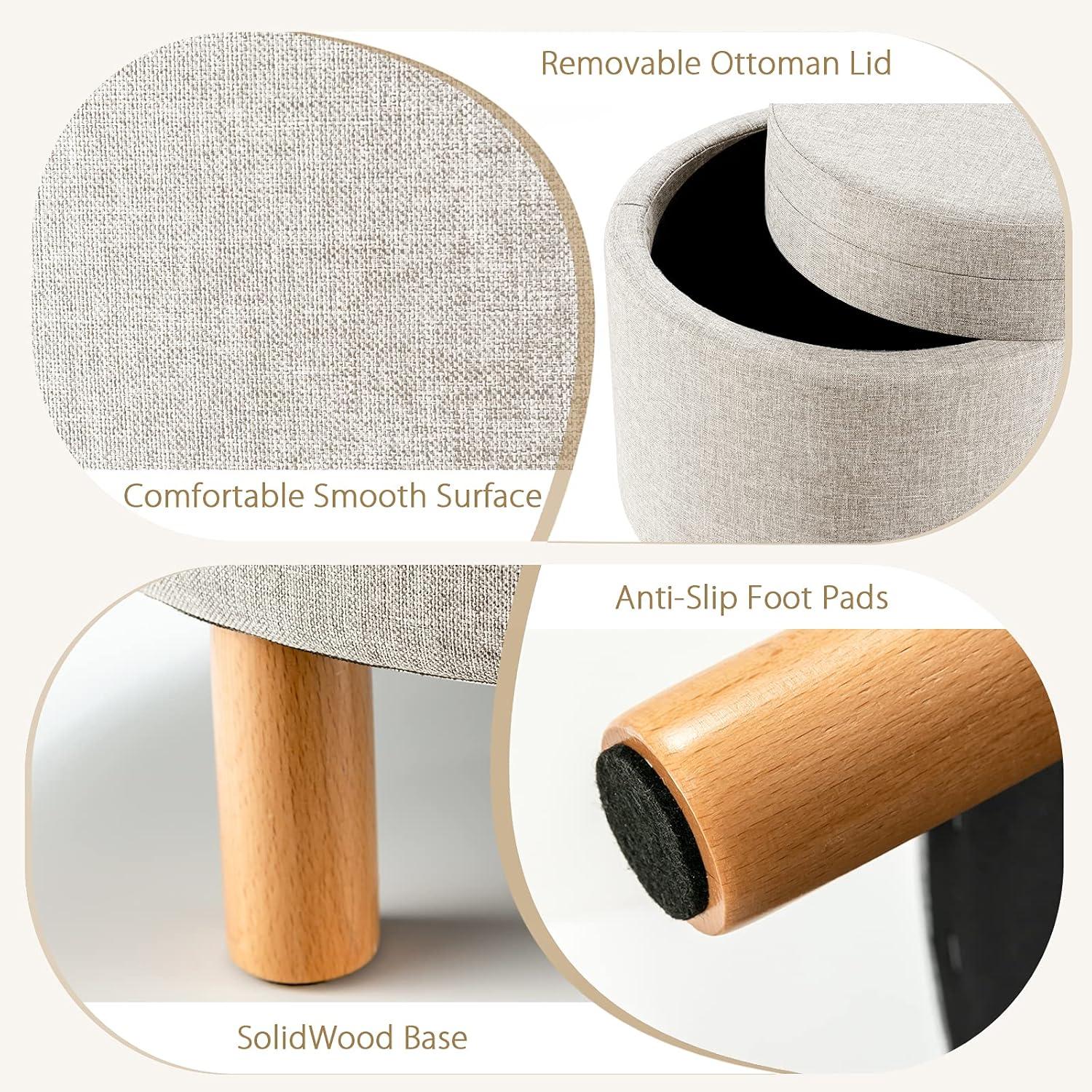 image:imageGiantex Round Storage Ottoman with Tray Lid Accent Storage Footstool wSoft Padding Fabric Sitting Stool wSolid Wood Legs amp NonSlip Pads Tray Top Coffee Table for Living Room Bedroom BeigeBeige
