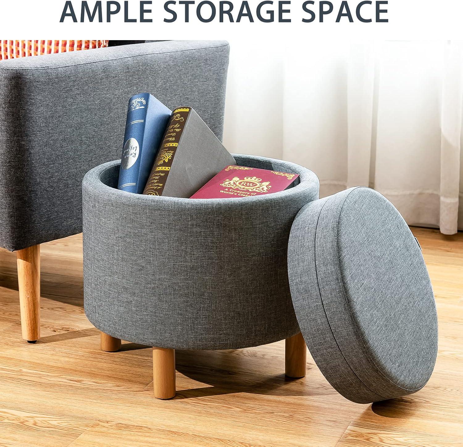 image:imageGiantex Round Storage Ottoman with Tray Lid Accent Storage Footstool wSoft Padding Fabric Sitting Stool wSolid Wood Legs amp NonSlip Pads Tray Top Coffee Table for Living Room Bedroom BeigeGrey