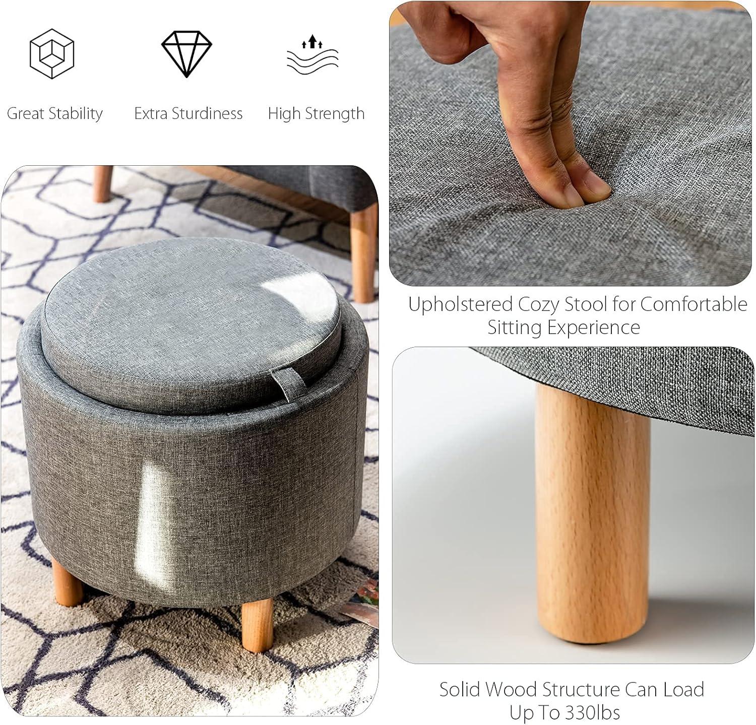 image:imageGiantex Round Storage Ottoman with Tray Lid Accent Storage Footstool wSoft Padding Fabric Sitting Stool wSolid Wood Legs amp NonSlip Pads Tray Top Coffee Table for Living Room Bedroom BeigeGrey