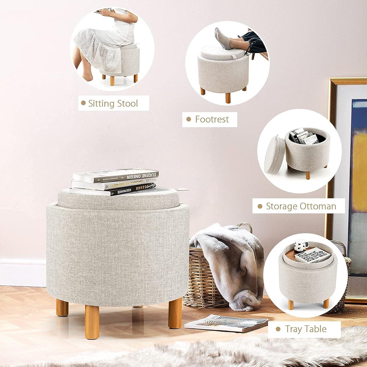 image:imageGiantex Round Storage Ottoman with Tray Lid Accent Storage Footstool wSoft Padding Fabric Sitting Stool wSolid Wood Legs amp NonSlip Pads Tray Top Coffee Table for Living Room Bedroom BeigeBeige