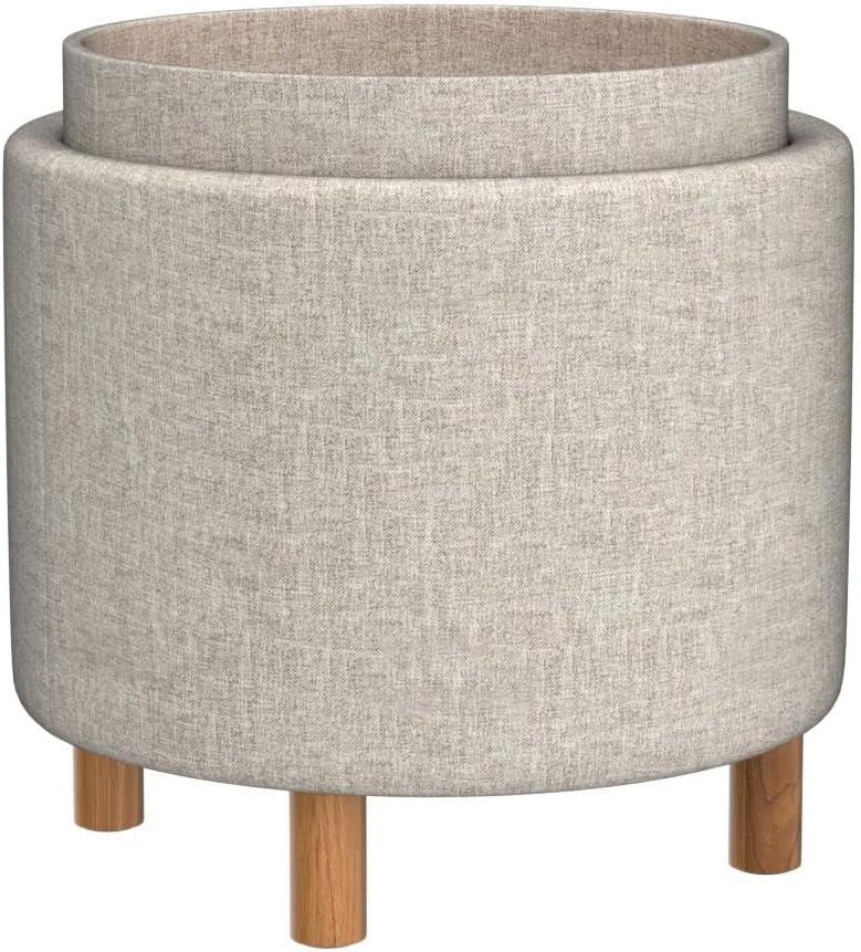 image:imageGiantex Round Storage Ottoman with Tray Lid Accent Storage Footstool wSoft Padding Fabric Sitting Stool wSolid Wood Legs amp NonSlip Pads Tray Top Coffee Table for Living Room Bedroom BeigeBeige