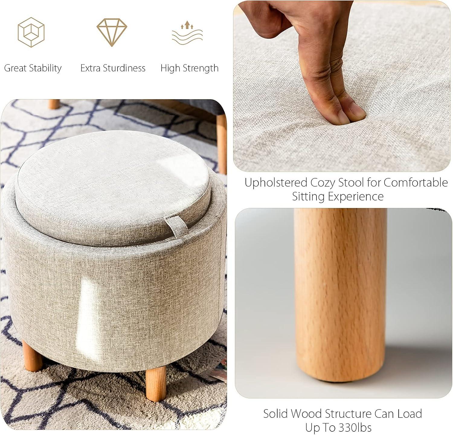 image:imageGiantex Round Storage Ottoman with Tray Lid Accent Storage Footstool wSoft Padding Fabric Sitting Stool wSolid Wood Legs amp NonSlip Pads Tray Top Coffee Table for Living Room Bedroom BeigeBeige
