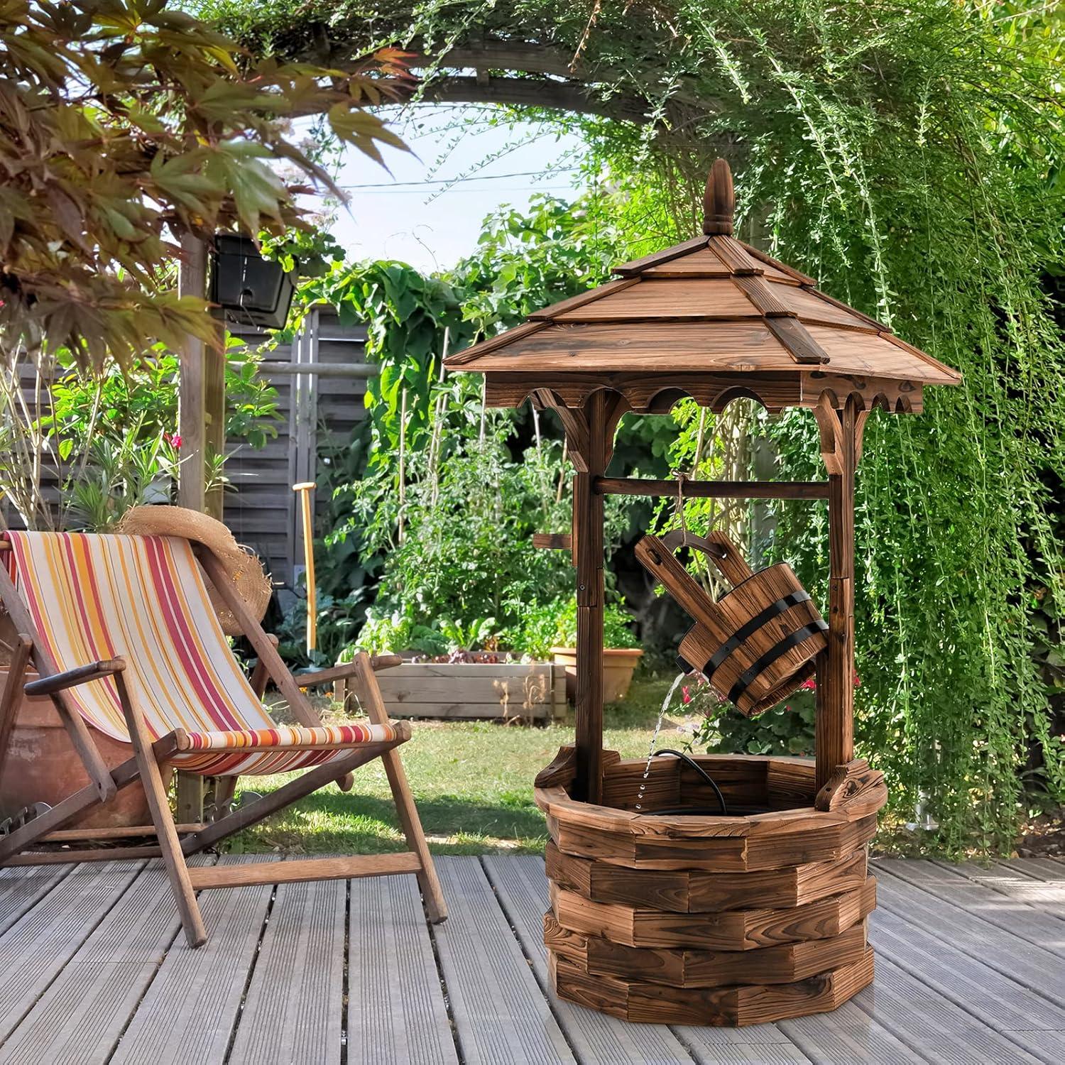 image:imageGiantex Rustic Wishing Well Fountain Outdoor Wooden Water Fountain with Electric Pump 5 Adjustable Water Flow Rates Water Bucket Freestanding Decorative Wishing Well for Backyard Patio Garden