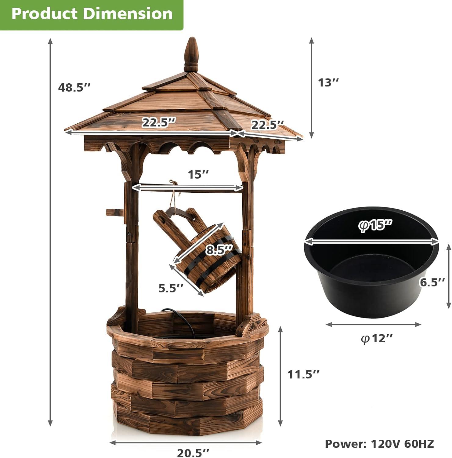 image:imageGiantex Rustic Wishing Well Fountain Outdoor Wooden Water Fountain with Electric Pump 5 Adjustable Water Flow Rates Water Bucket Freestanding Decorative Wishing Well for Backyard Patio Garden