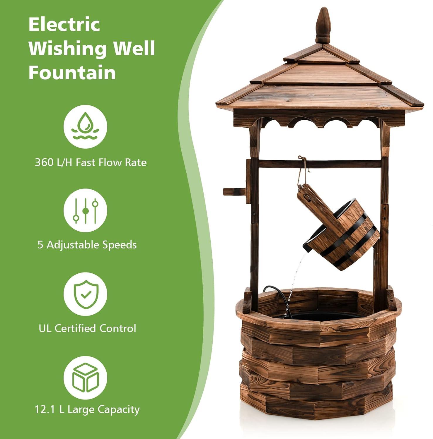 image:imageGiantex Rustic Wishing Well Fountain Outdoor Wooden Water Fountain with Electric Pump 5 Adjustable Water Flow Rates Water Bucket Freestanding Decorative Wishing Well for Backyard Patio Garden