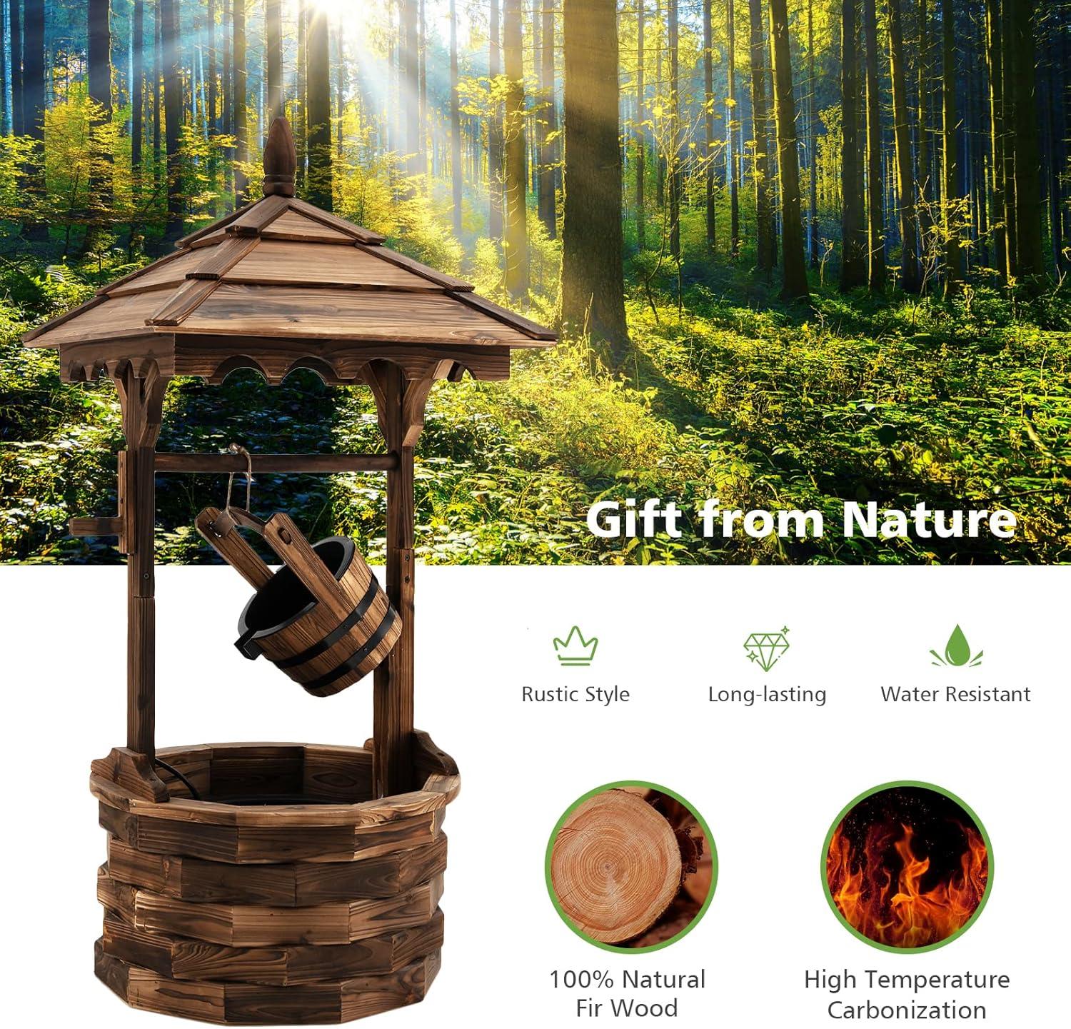 image:imageGiantex Rustic Wishing Well Fountain Outdoor Wooden Water Fountain with Electric Pump 5 Adjustable Water Flow Rates Water Bucket Freestanding Decorative Wishing Well for Backyard Patio Garden
