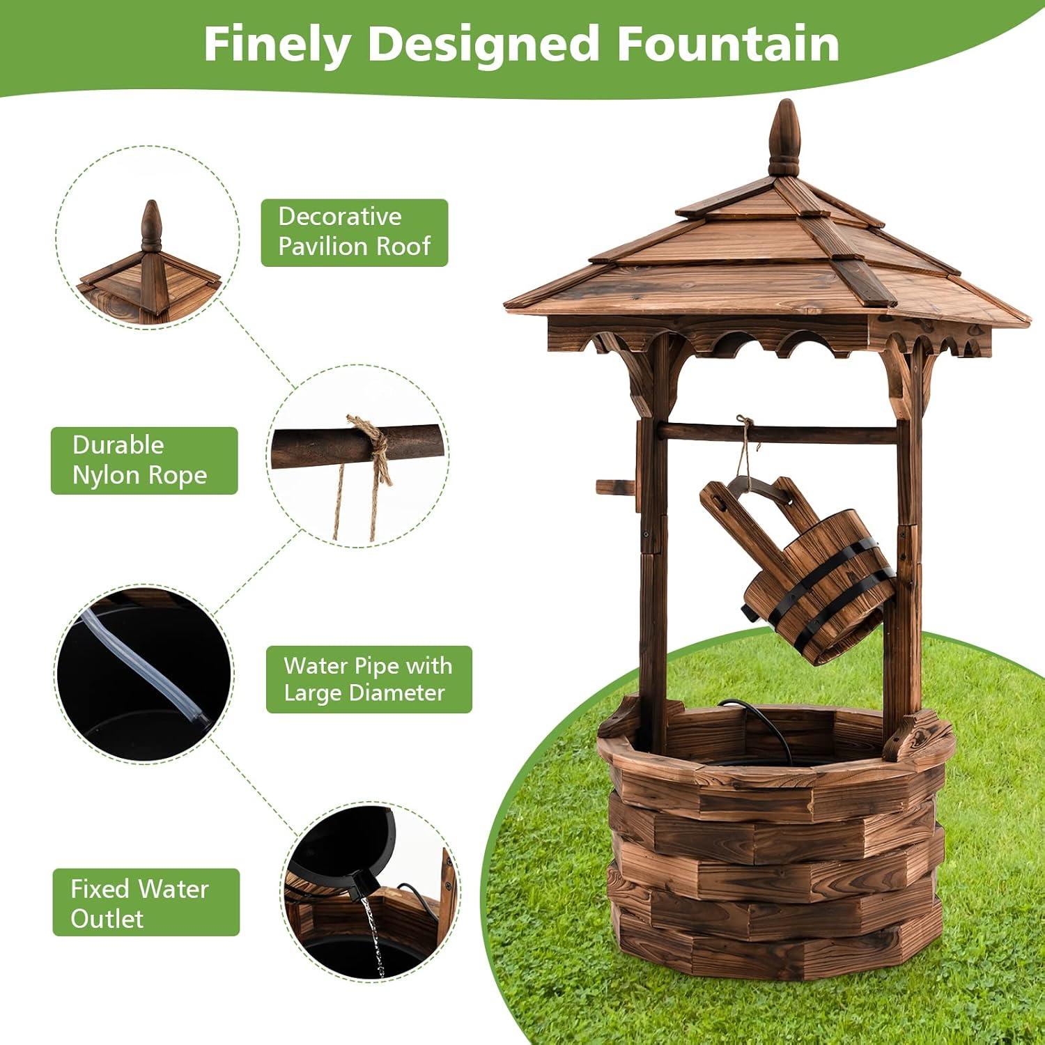 image:imageGiantex Rustic Wishing Well Fountain Outdoor Wooden Water Fountain with Electric Pump 5 Adjustable Water Flow Rates Water Bucket Freestanding Decorative Wishing Well for Backyard Patio Garden