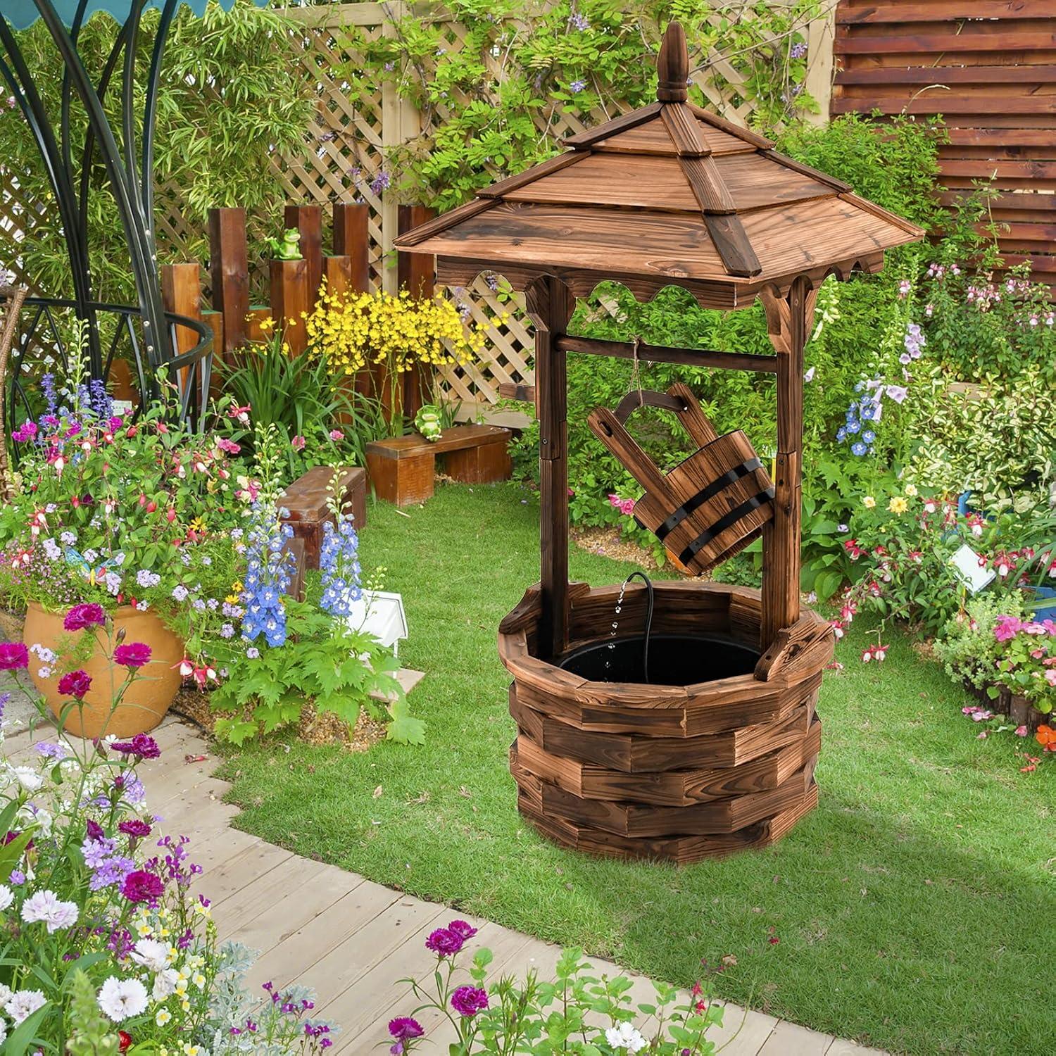 image:imageGiantex Rustic Wishing Well Fountain Outdoor Wooden Water Fountain with Electric Pump 5 Adjustable Water Flow Rates Water Bucket Freestanding Decorative Wishing Well for Backyard Patio Garden
