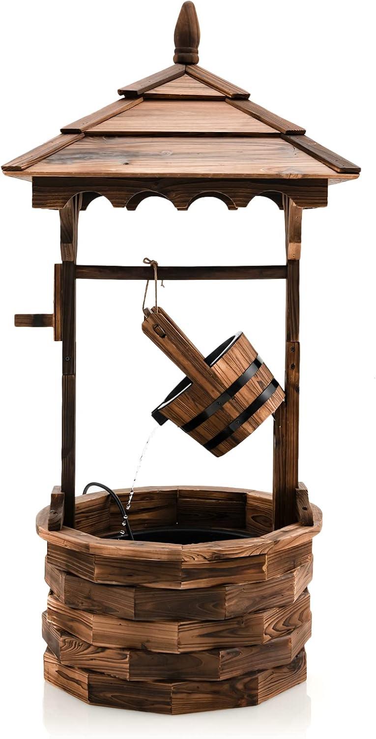 image:imageGiantex Rustic Wishing Well Fountain Outdoor Wooden Water Fountain with Electric Pump 5 Adjustable Water Flow Rates Water Bucket Freestanding Decorative Wishing Well for Backyard Patio Garden