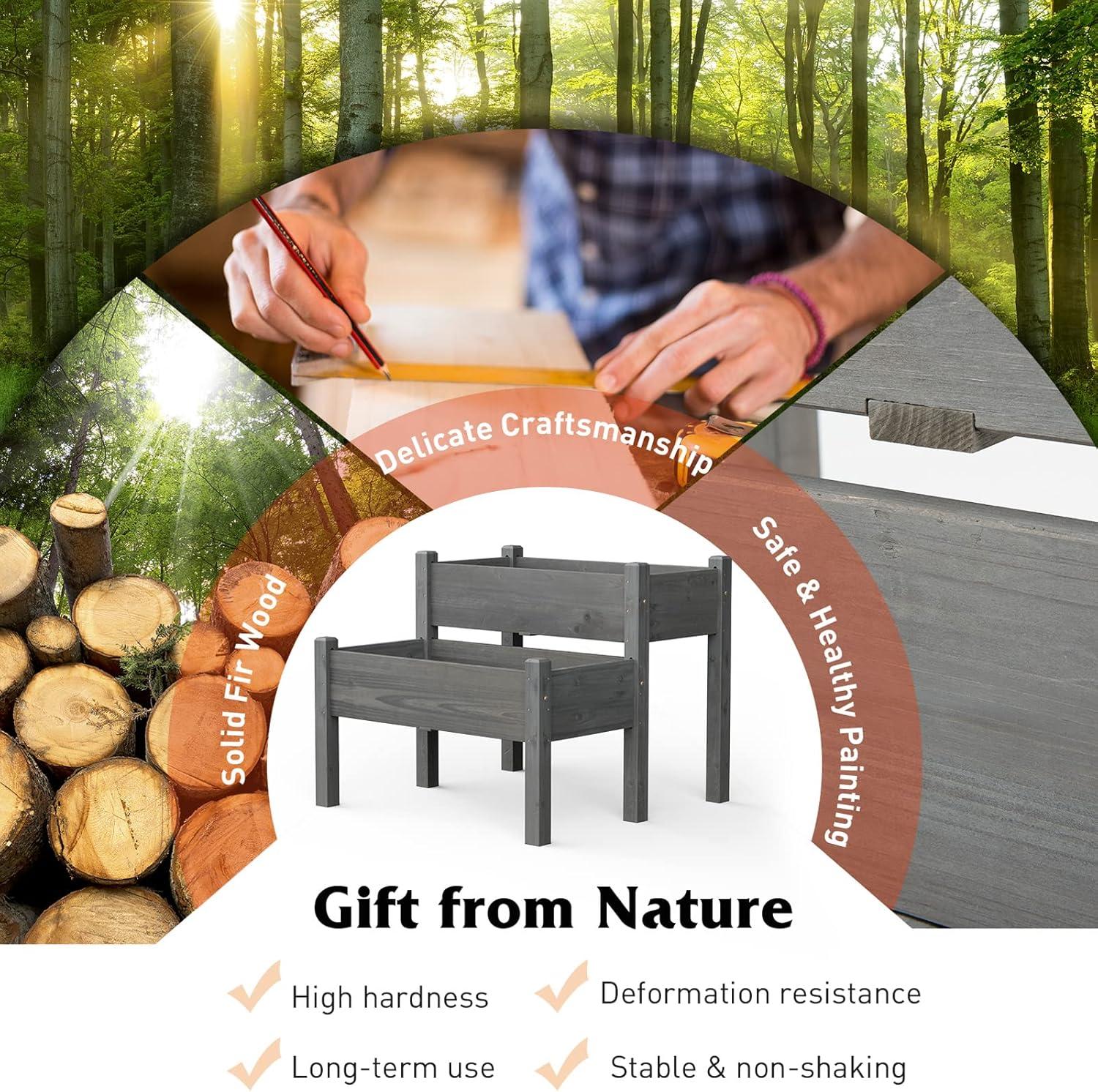 image:imageGiantex Set of 2 Raised Garden Bed Elevated Wood Planter Box Raised Bed Kit for Flowers Vegetables Fruits Herbs Outdoor Planting Container Patio Balcony Yard NaturalGray