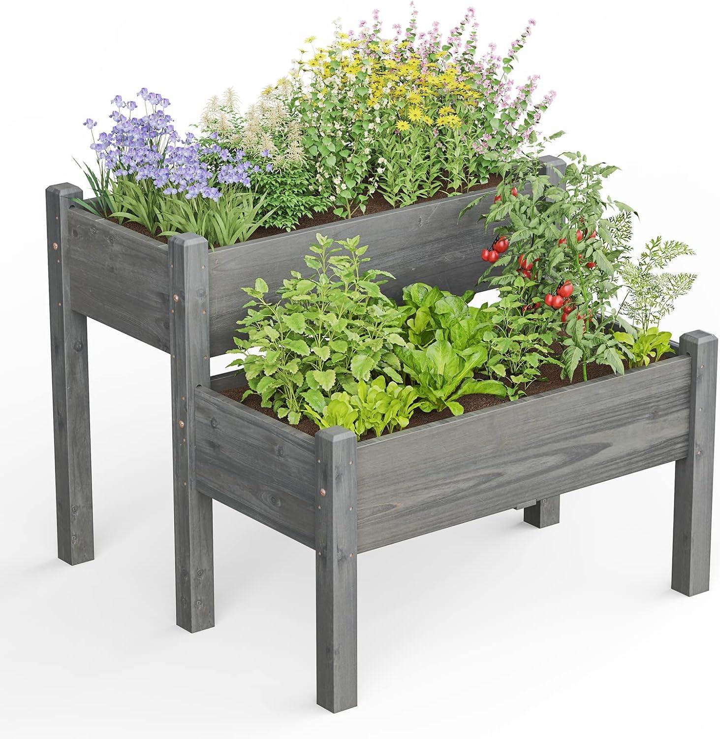image:imageGiantex Set of 2 Raised Garden Bed Elevated Wood Planter Box Raised Bed Kit for Flowers Vegetables Fruits Herbs Outdoor Planting Container Patio Balcony Yard NaturalGray
