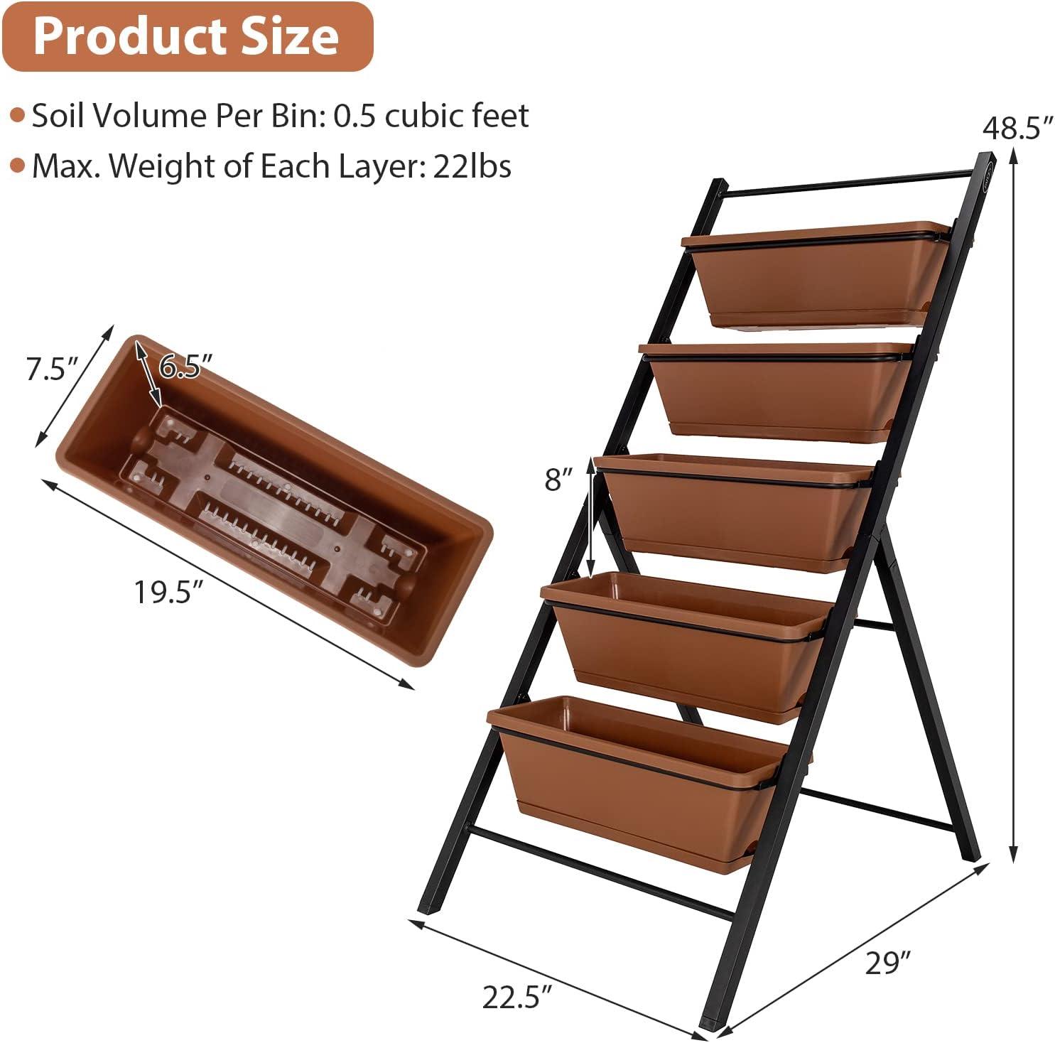 image:imageGiantex Set of 2 Vertical Planter Raised Bed Elevated Garden Beds with Water Drainage Hole Freestanding 5 Container Boxes for Herb Vegetables Flowers Growing Outdoor Indoor Patio BalconyBrown