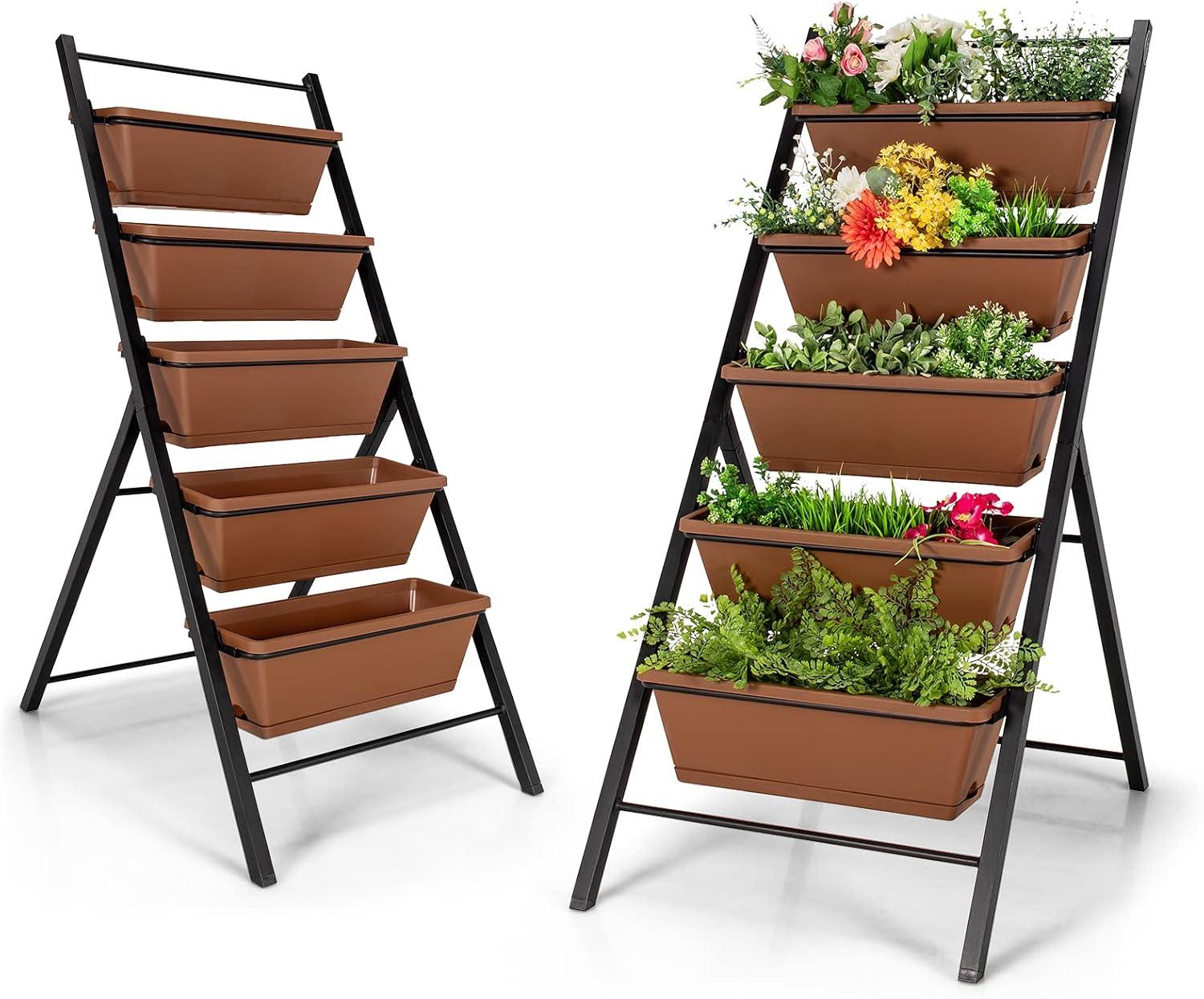 image:imageGiantex Set of 2 Vertical Planter Raised Bed Elevated Garden Beds with Water Drainage Hole Freestanding 5 Container Boxes for Herb Vegetables Flowers Growing Outdoor Indoor Patio BalconyBrown