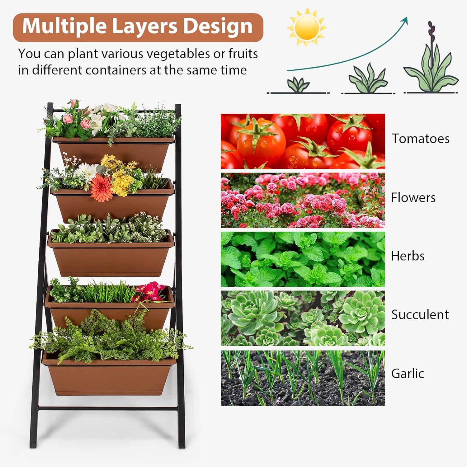 image:imageGiantex Set of 2 Vertical Planter Raised Bed Elevated Garden Beds with Water Drainage Hole Freestanding 5 Container Boxes for Herb Vegetables Flowers Growing Outdoor Indoor Patio BalconyBrown