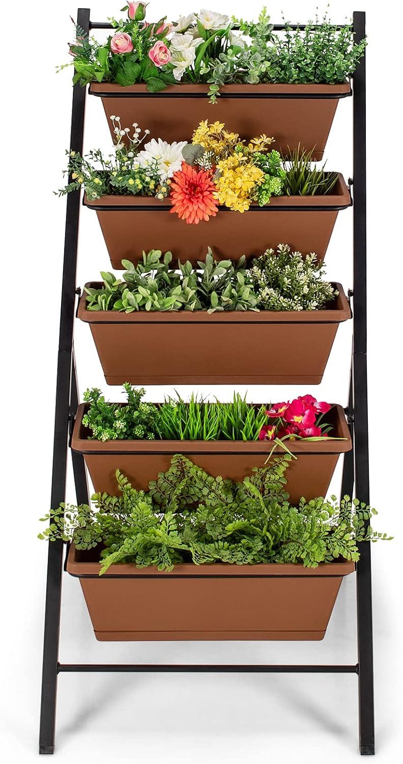 image:imageGiantex Set of 2 Vertical Planter Raised Bed Elevated Garden Beds with Water Drainage Hole Freestanding 5 Container Boxes for Herb Vegetables Flowers Growing Outdoor Indoor Patio BalconyBrown