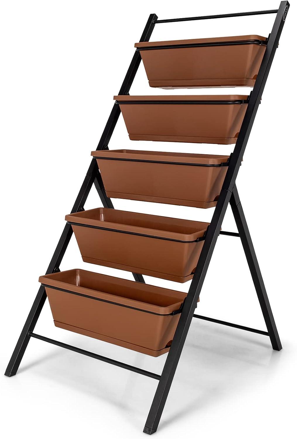 image:imageGiantex Set of 2 Vertical Planter Raised Bed Elevated Garden Beds with Water Drainage Hole Freestanding 5 Container Boxes for Herb Vegetables Flowers Growing Outdoor Indoor Patio BalconyBrown
