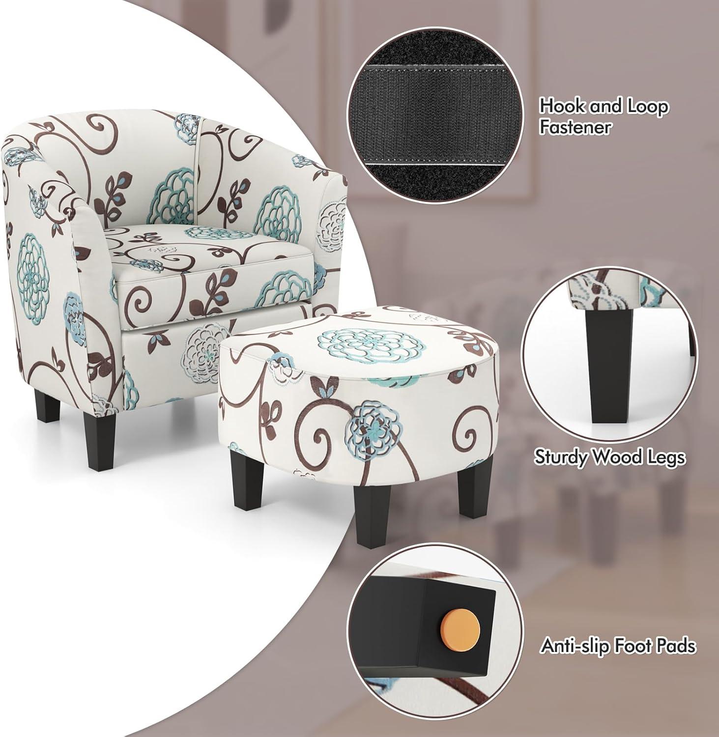 image:imageGiantex Small Accent Chair with Ottoman Set Upholstered Barrel Chair with Footrest Modern Accent Armchair with Ottoman Round Club Chair for Living Room Small Space Bedroom Blue FlowerBlue Flower