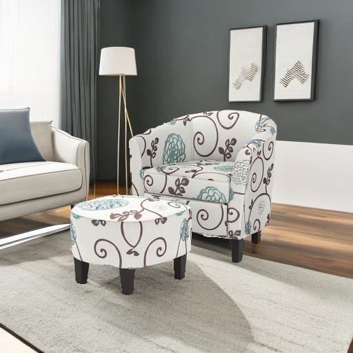 image:imageGiantex Small Accent Chair with Ottoman Set Upholstered Barrel Chair with Footrest Modern Accent Armchair with Ottoman Round Club Chair for Living Room Small Space Bedroom Blue FlowerBlue Flower