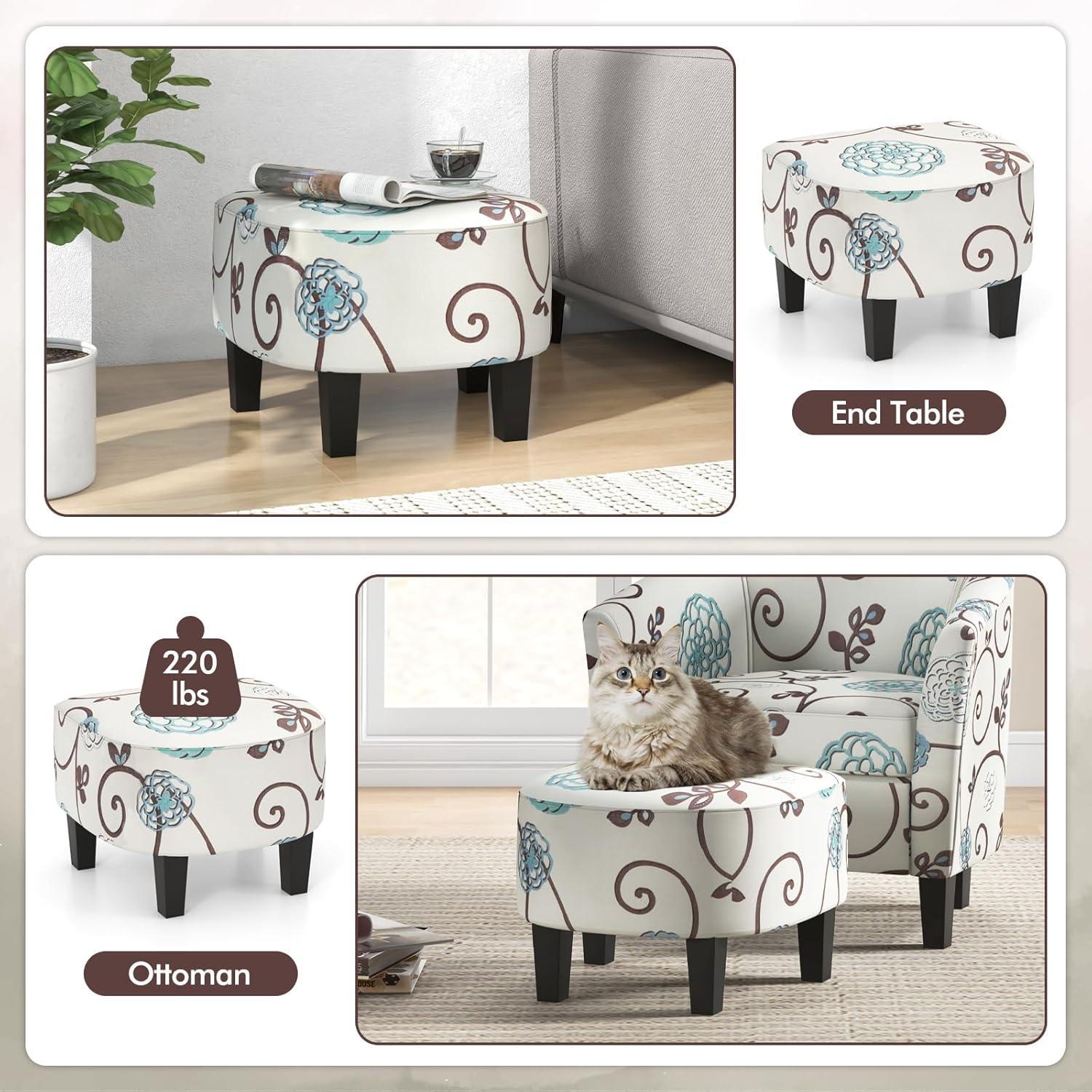 image:imageGiantex Small Accent Chair with Ottoman Set Upholstered Barrel Chair with Footrest Modern Accent Armchair with Ottoman Round Club Chair for Living Room Small Space Bedroom Blue FlowerBlue Flower