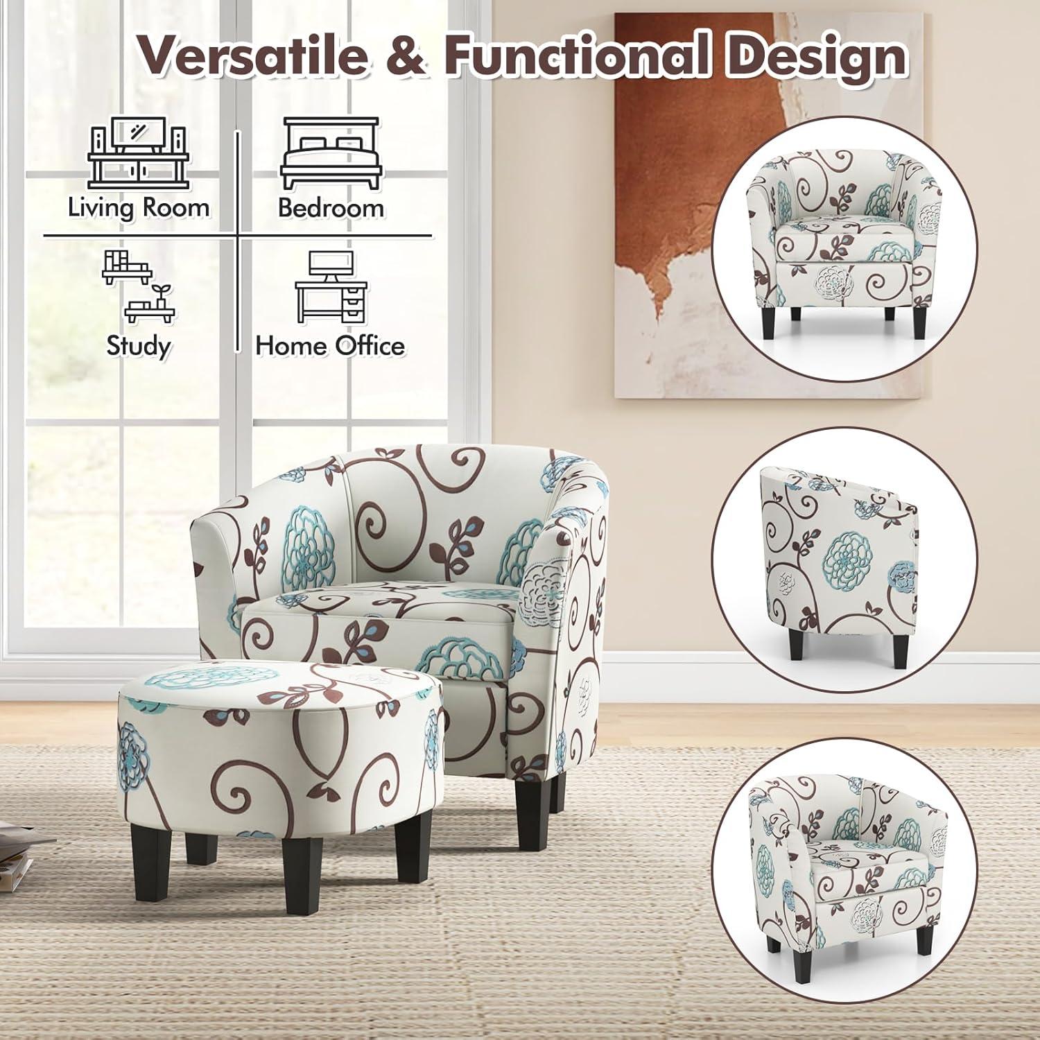 image:imageGiantex Small Accent Chair with Ottoman Set Upholstered Barrel Chair with Footrest Modern Accent Armchair with Ottoman Round Club Chair for Living Room Small Space Bedroom Blue FlowerBlue Flower