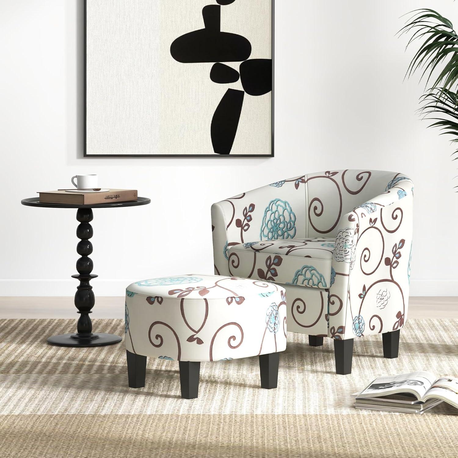 image:imageGiantex Small Accent Chair with Ottoman Set Upholstered Barrel Chair with Footrest Modern Accent Armchair with Ottoman Round Club Chair for Living Room Small Space Bedroom Blue FlowerBlue Flower