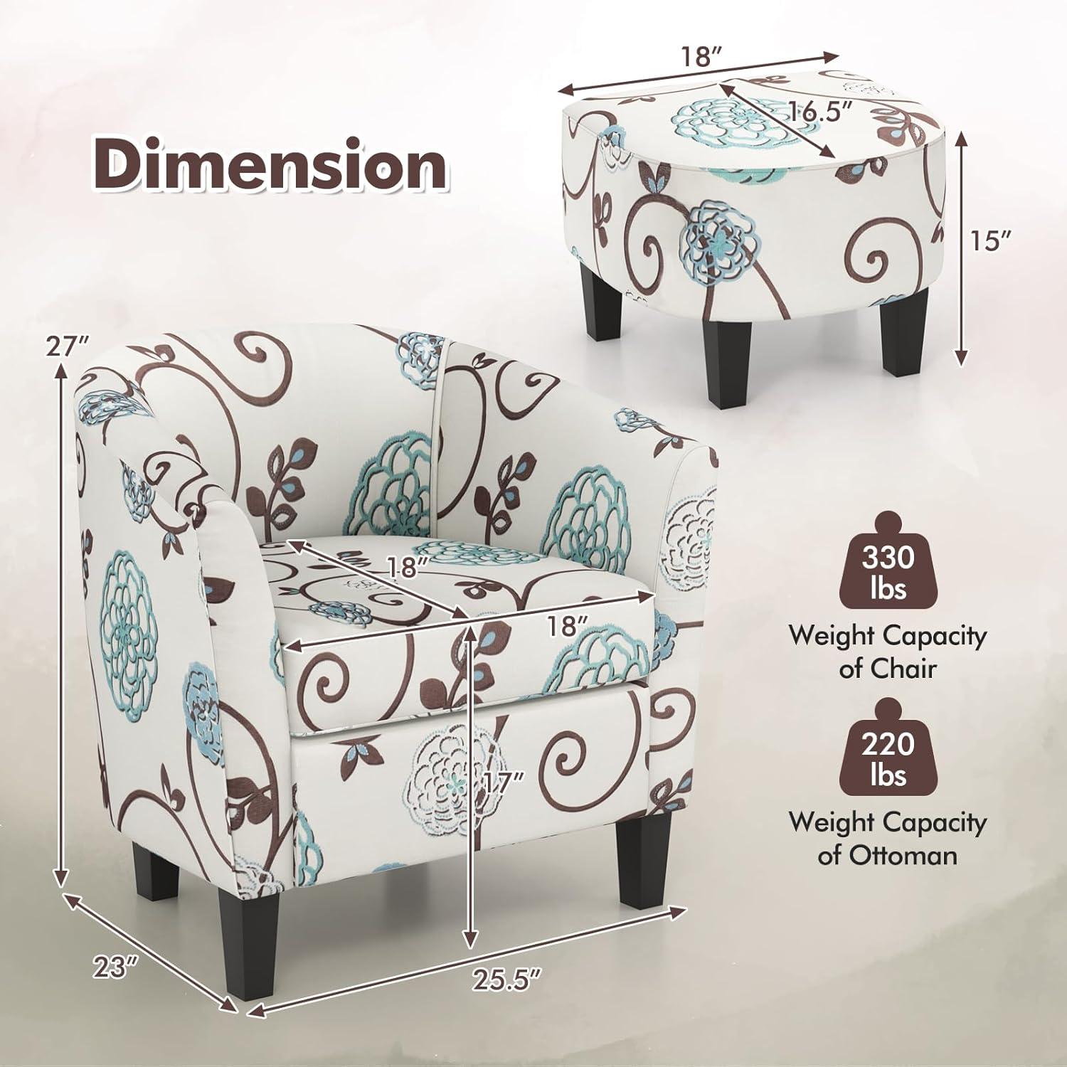 image:imageGiantex Small Accent Chair with Ottoman Set Upholstered Barrel Chair with Footrest Modern Accent Armchair with Ottoman Round Club Chair for Living Room Small Space Bedroom Blue FlowerBlue Flower
