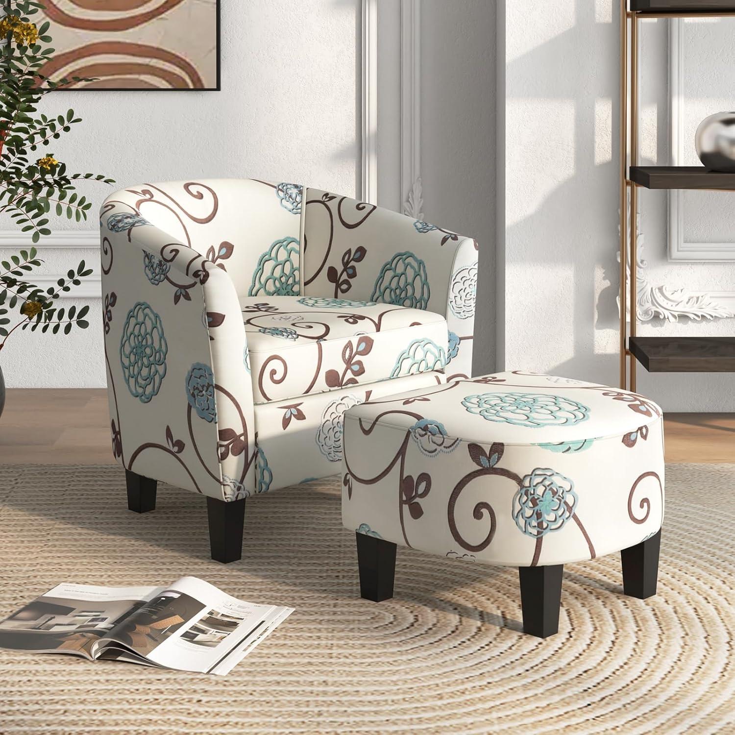 image:imageGiantex Small Accent Chair with Ottoman Set Upholstered Barrel Chair with Footrest Modern Accent Armchair with Ottoman Round Club Chair for Living Room Small Space Bedroom Blue FlowerBlue Flower