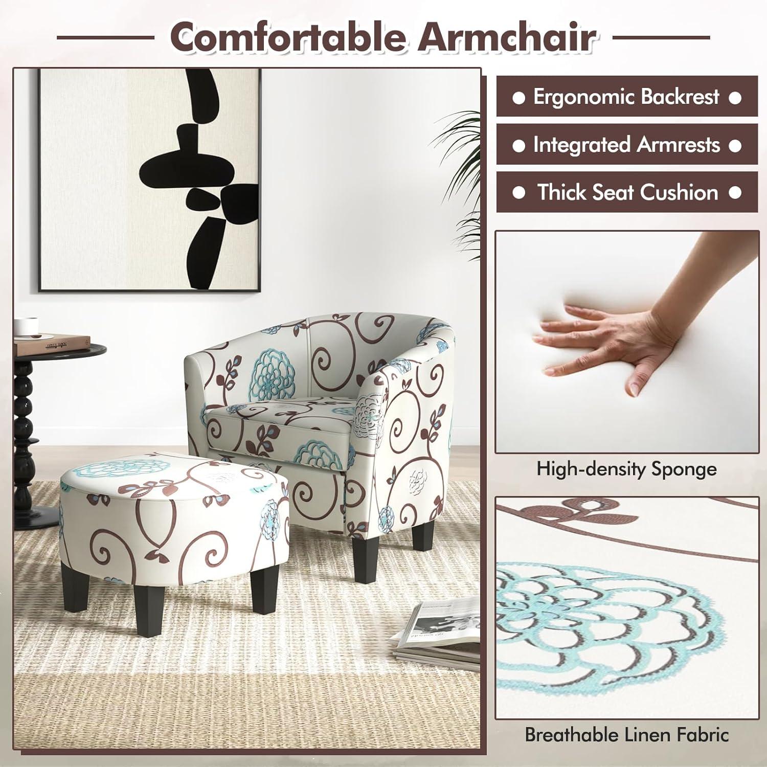 image:imageGiantex Small Accent Chair with Ottoman Set Upholstered Barrel Chair with Footrest Modern Accent Armchair with Ottoman Round Club Chair for Living Room Small Space Bedroom Blue FlowerBlue Flower
