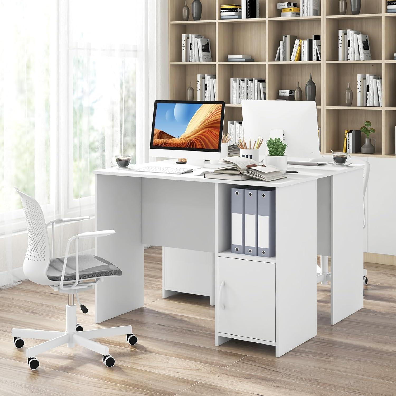 image:imageGiantex Small Computer Desk White Desk with Storage Cabinet amp Shelf Compact PC Laptop Table Workstation Makeup Vanity Table Modern Study Writing Desk for Small Space Bedroom Home Office