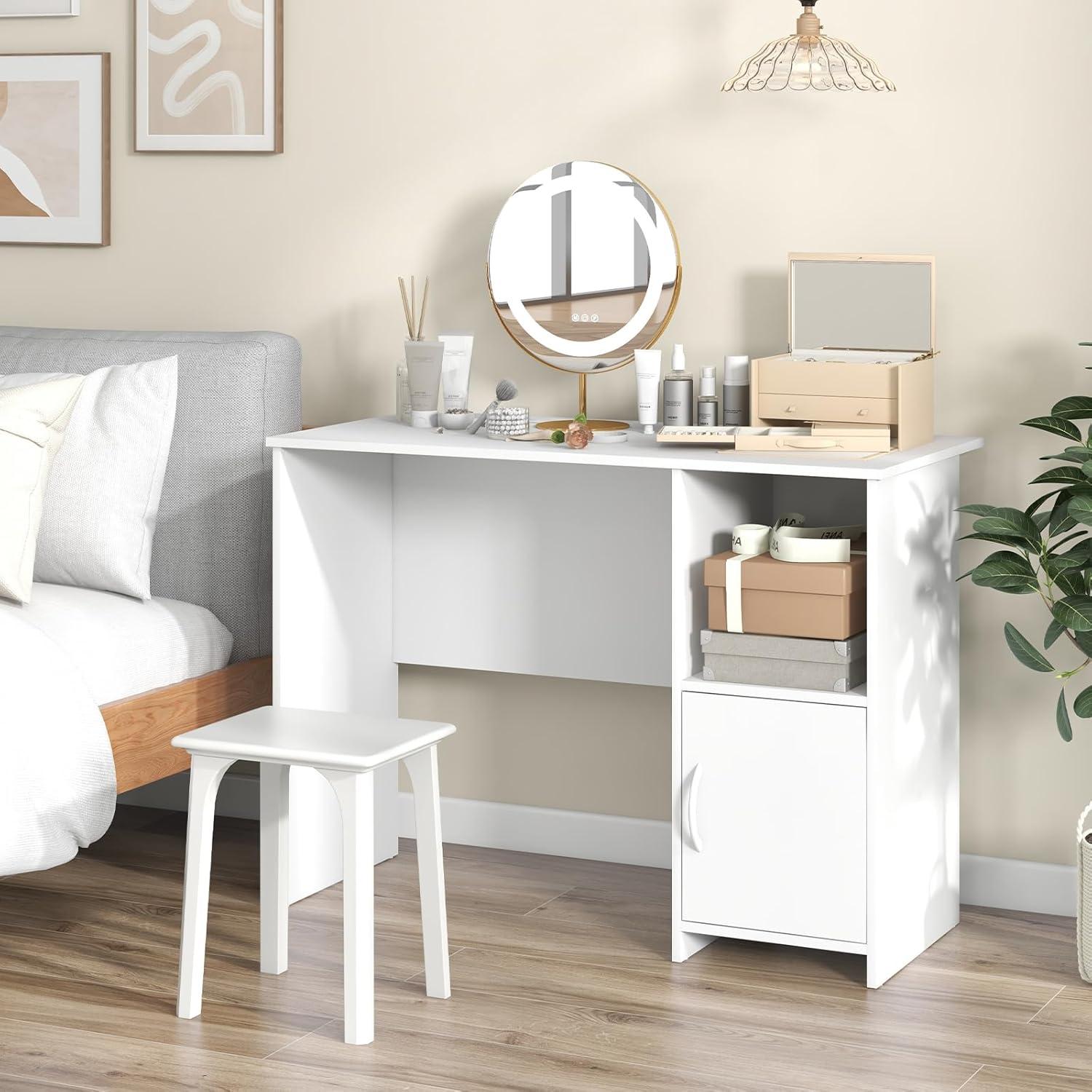 image:imageGiantex Small Computer Desk White Desk with Storage Cabinet amp Shelf Compact PC Laptop Table Workstation Makeup Vanity Table Modern Study Writing Desk for Small Space Bedroom Home Office