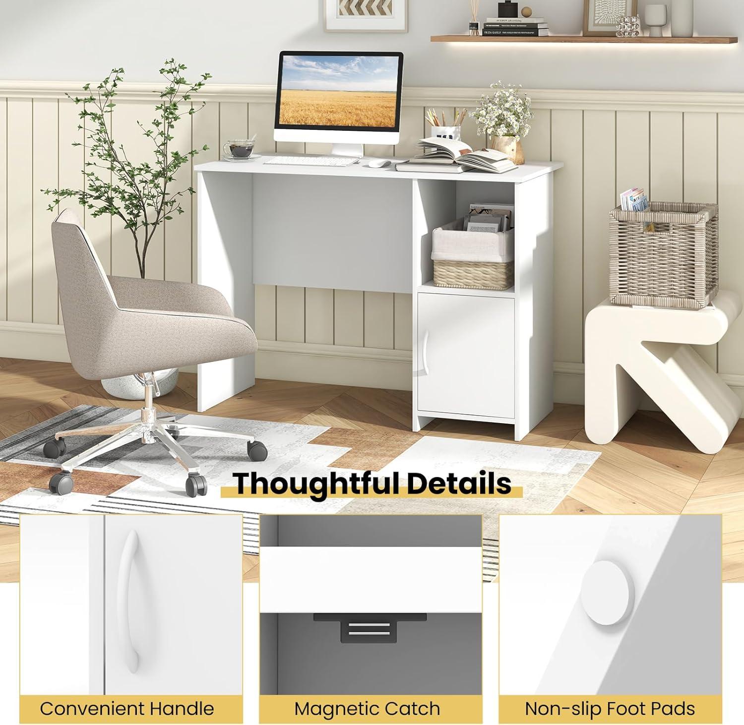 image:imageGiantex Small Computer Desk White Desk with Storage Cabinet amp Shelf Compact PC Laptop Table Workstation Makeup Vanity Table Modern Study Writing Desk for Small Space Bedroom Home Office