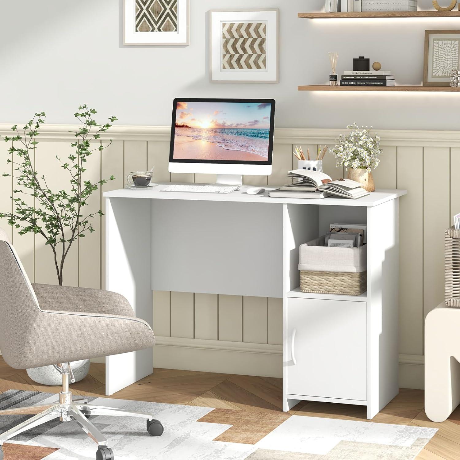 image:imageGiantex Small Computer Desk White Desk with Storage Cabinet amp Shelf Compact PC Laptop Table Workstation Makeup Vanity Table Modern Study Writing Desk for Small Space Bedroom Home Office