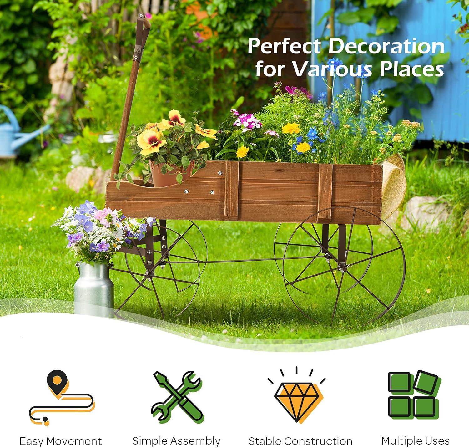 image:imageGiantex Small Wagon Planters for Outdoor Plants Decorative Garden Bed with Metal Wheels Wood Raised Beds Plant Pot Stand for Backyard Garden Patio 245x135x24 GreenNatural