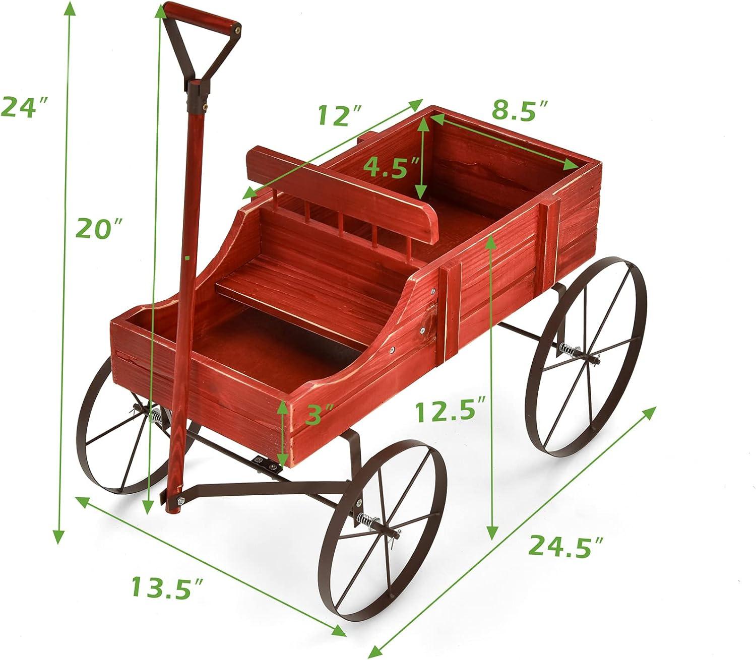 image:imageGiantex Small Wagon Planters for Outdoor Plants Decorative Garden Bed with Metal Wheels Wood Raised Beds Plant Pot Stand for Backyard Garden Patio 245x135x24 GreenRed