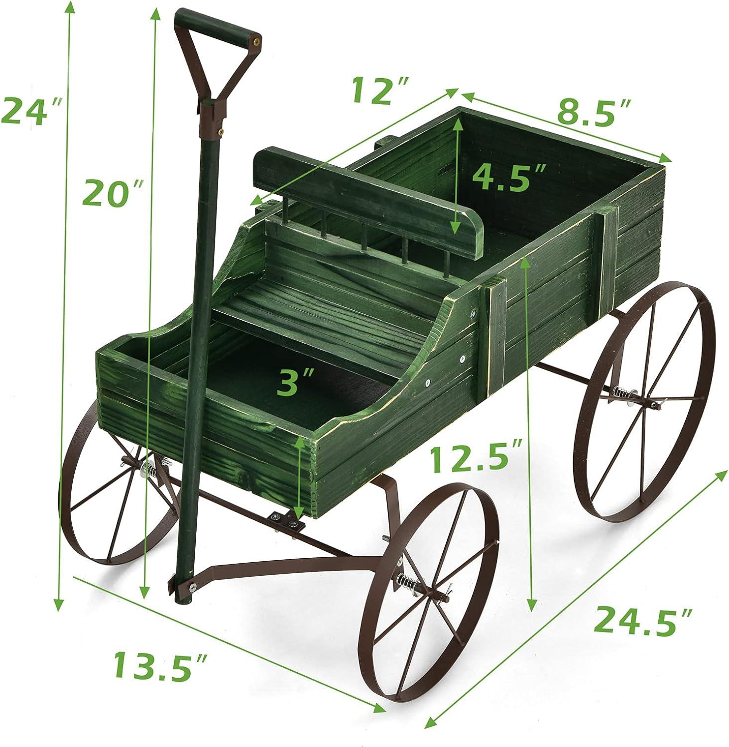 image:imageGiantex Small Wagon Planters for Outdoor Plants Decorative Garden Bed with Metal Wheels Wood Raised Beds Plant Pot Stand for Backyard Garden Patio 245x135x24 GreenGreen