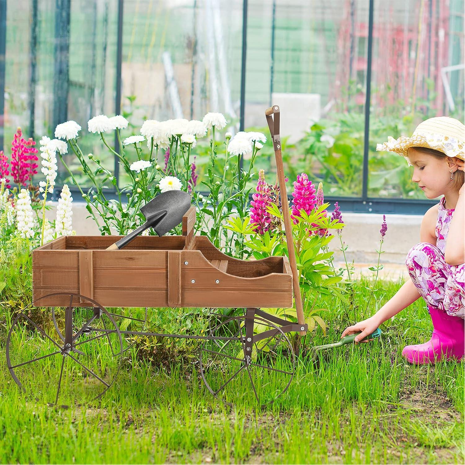 image:imageGiantex Small Wagon Planters for Outdoor Plants Decorative Garden Bed with Metal Wheels Wood Raised Beds Plant Pot Stand for Backyard Garden Patio 245x135x24 GreenNatural
