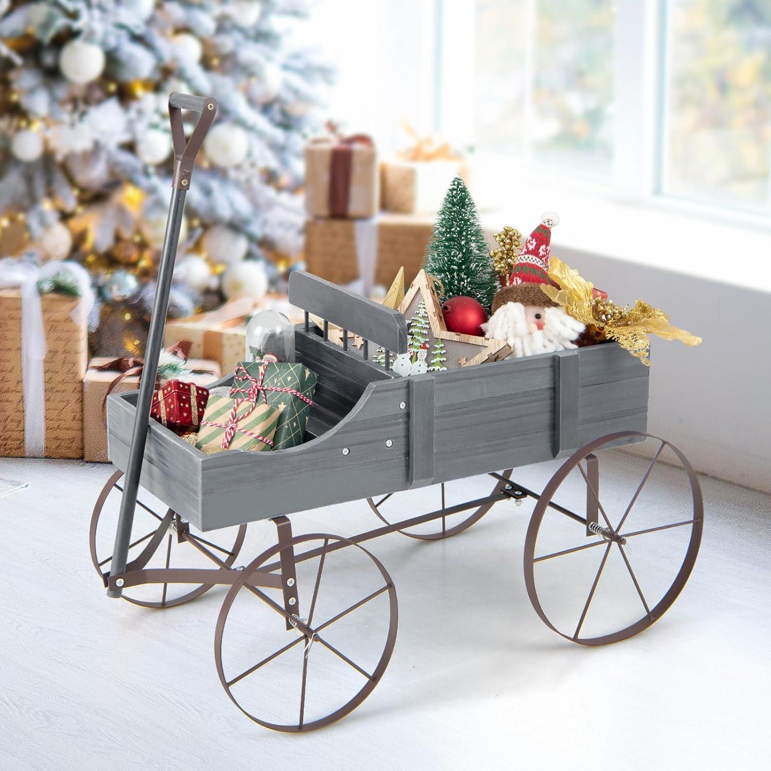 image:imageGiantex Small Wagon Planters for Outdoor Plants Decorative Garden Bed with Metal Wheels Wood Raised Beds Plant Pot Stand for Backyard Garden Patio 245x135x24 GreenGray