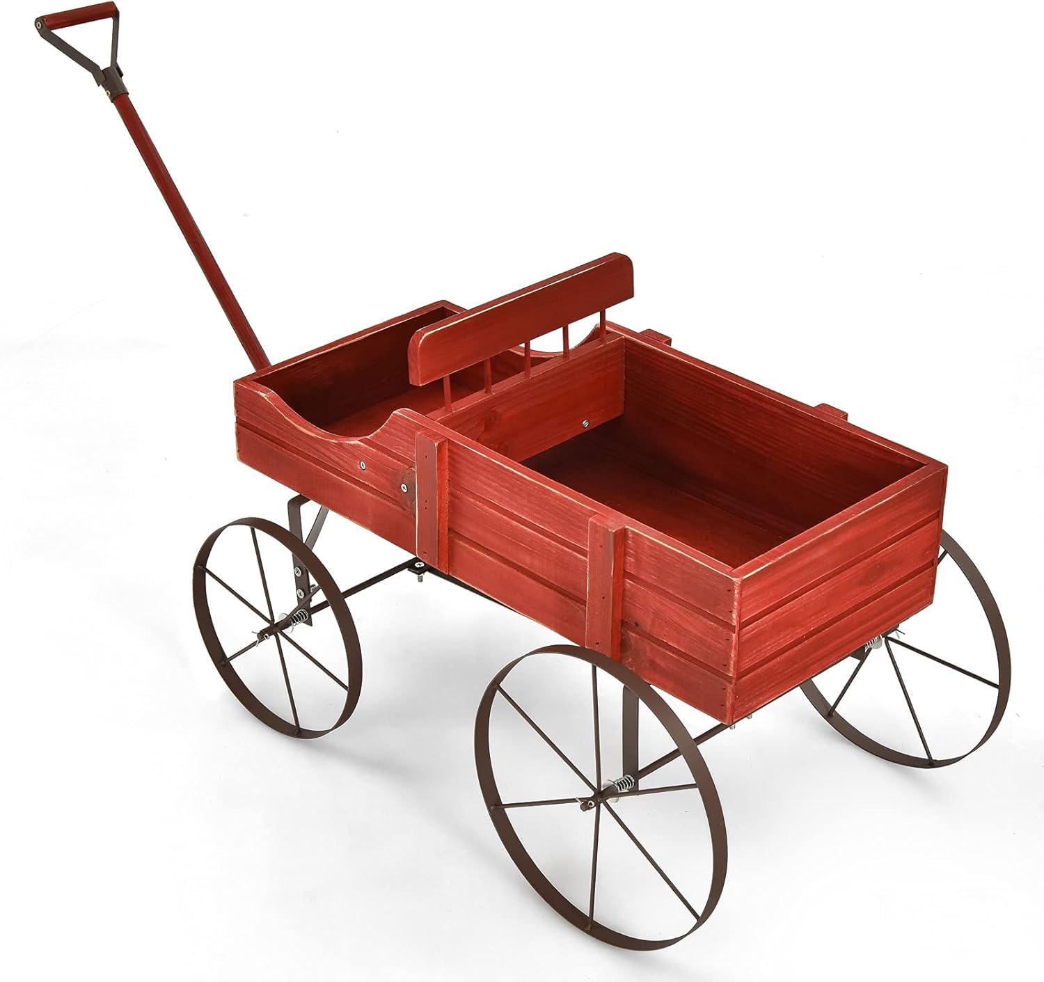 image:imageGiantex Small Wagon Planters for Outdoor Plants Decorative Garden Bed with Metal Wheels Wood Raised Beds Plant Pot Stand for Backyard Garden Patio 245x135x24 GreenRed