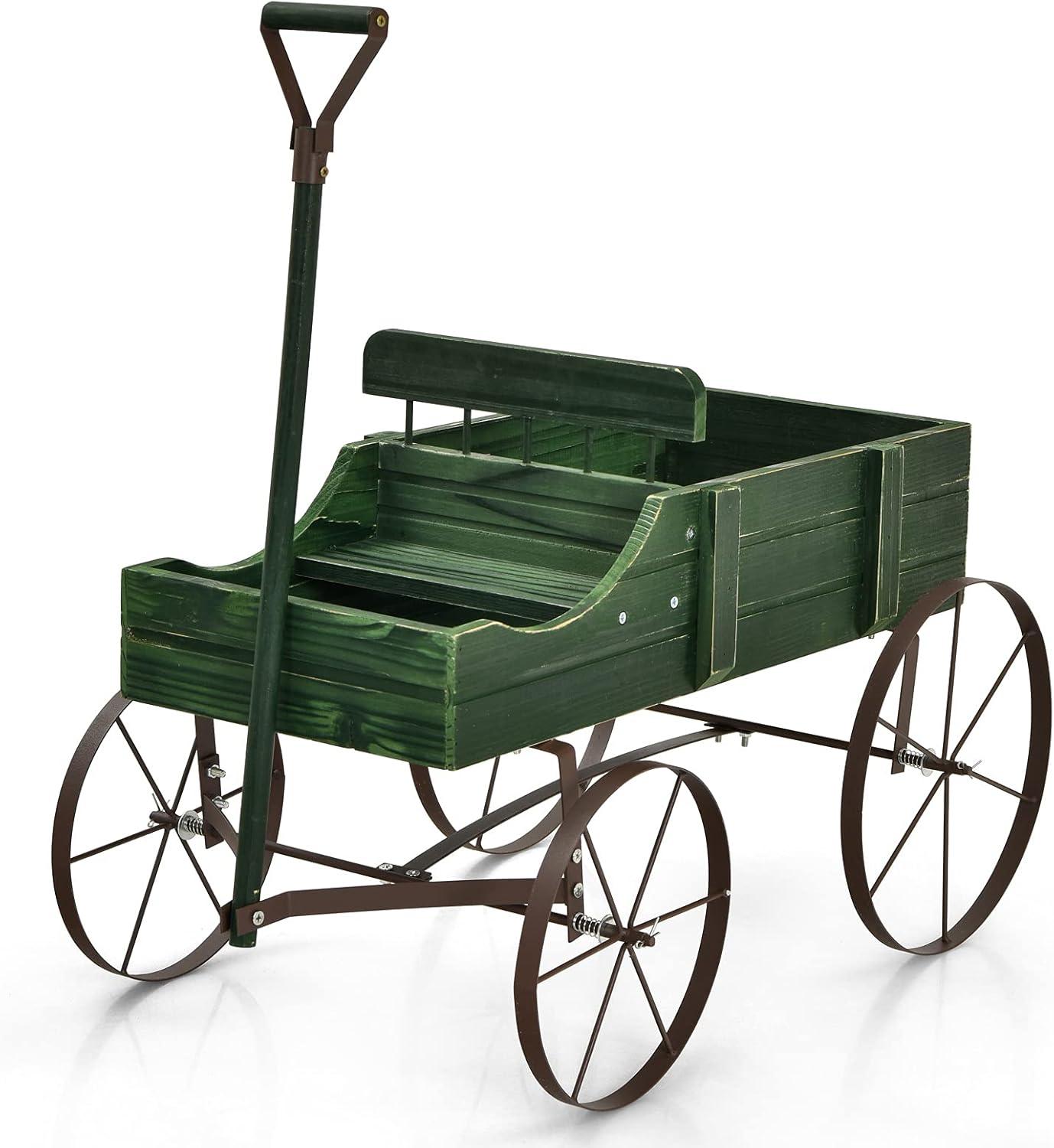 image:imageGiantex Small Wagon Planters for Outdoor Plants Decorative Garden Bed with Metal Wheels Wood Raised Beds Plant Pot Stand for Backyard Garden Patio 245x135x24 GreenGreen