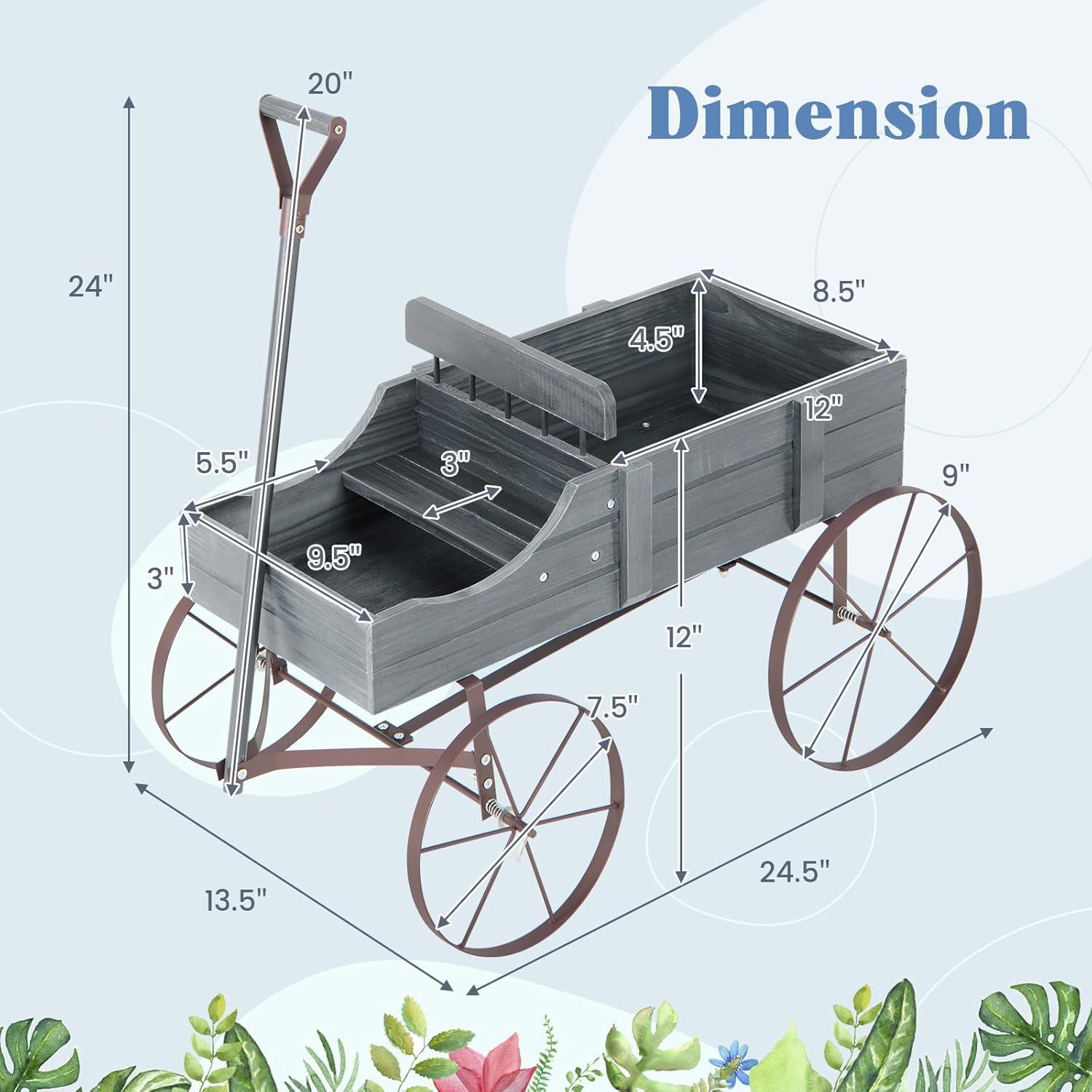 image:imageGiantex Small Wagon Planters for Outdoor Plants Decorative Garden Bed with Metal Wheels Wood Raised Beds Plant Pot Stand for Backyard Garden Patio 245x135x24 GreenGray
