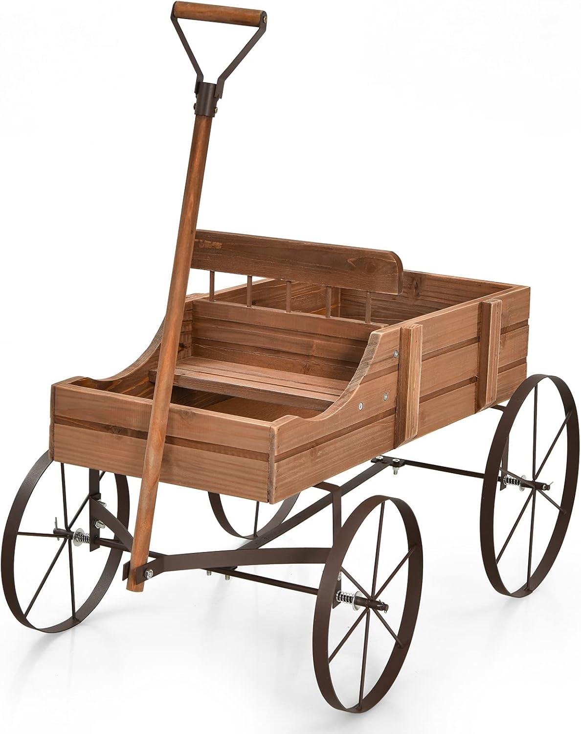 image:imageGiantex Small Wagon Planters for Outdoor Plants Decorative Garden Bed with Metal Wheels Wood Raised Beds Plant Pot Stand for Backyard Garden Patio 245x135x24 GreenNatural