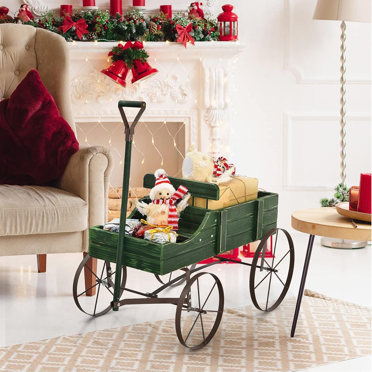 image:imageGiantex Small Wagon Planters for Outdoor Plants Decorative Garden Bed with Metal Wheels Wood Raised Beds Plant Pot Stand for Backyard Garden Patio 245x135x24 GreenGreen