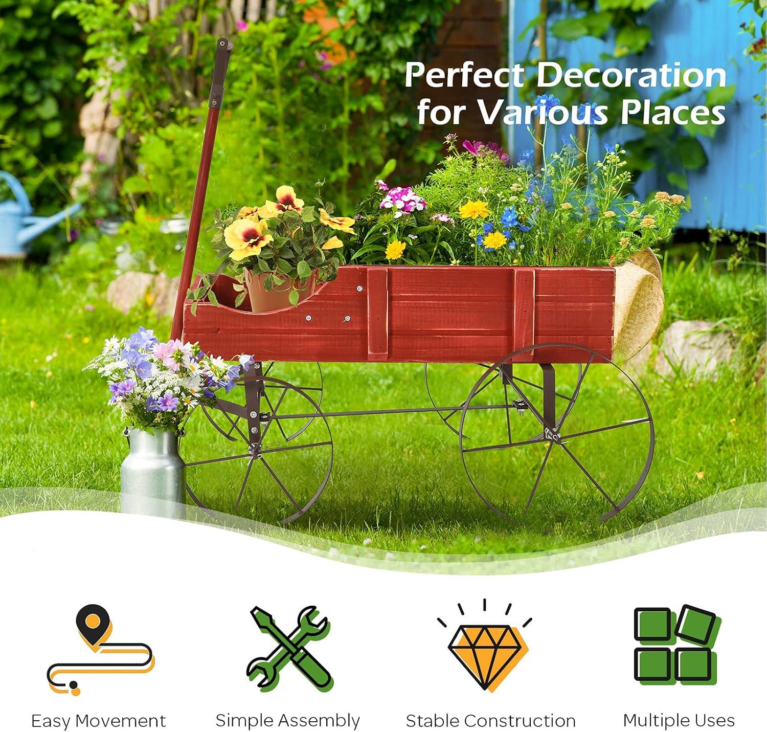 image:imageGiantex Small Wagon Planters for Outdoor Plants Decorative Garden Bed with Metal Wheels Wood Raised Beds Plant Pot Stand for Backyard Garden Patio 245x135x24 GreenRed