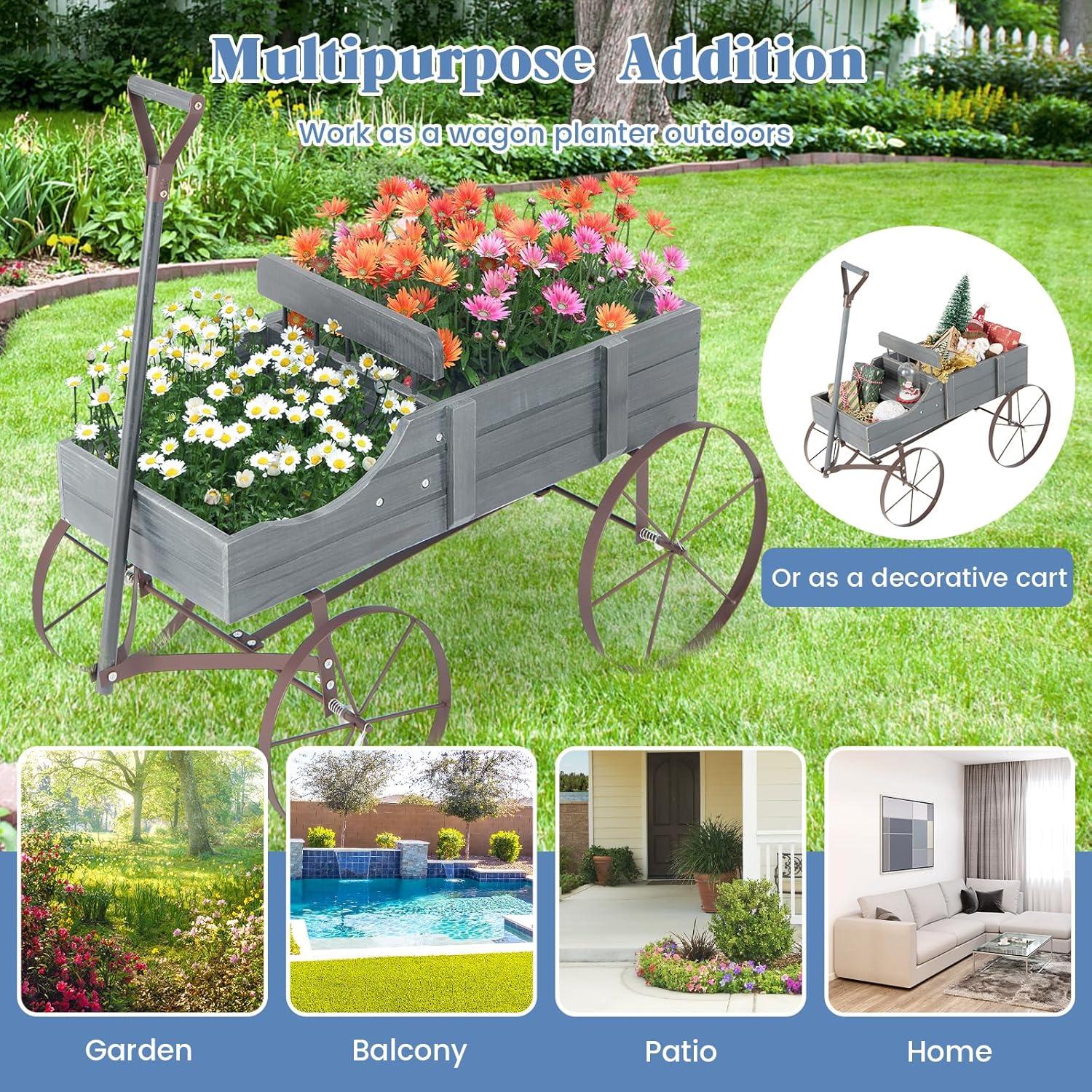 image:imageGiantex Small Wagon Planters for Outdoor Plants Decorative Garden Bed with Metal Wheels Wood Raised Beds Plant Pot Stand for Backyard Garden Patio 245x135x24 GreenGray