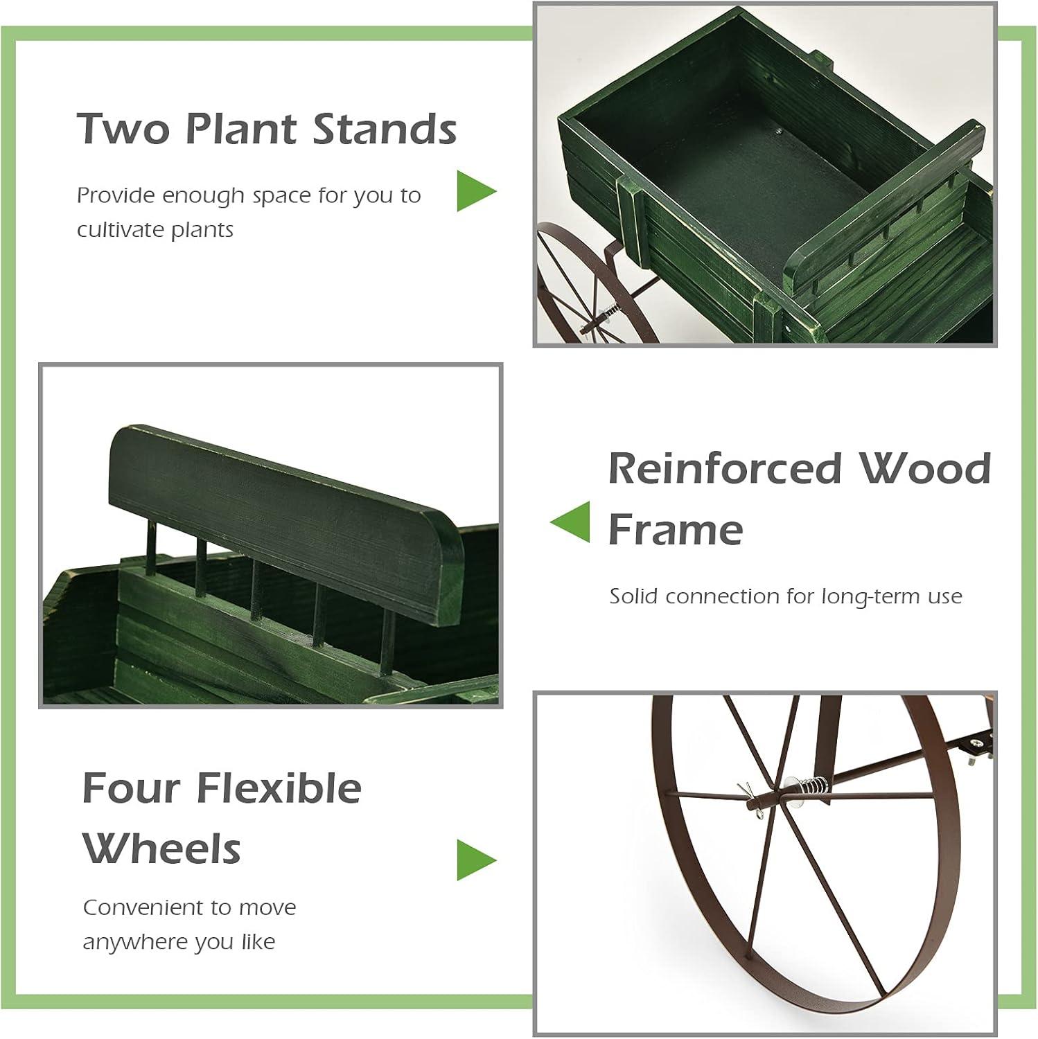 image:imageGiantex Small Wagon Planters for Outdoor Plants Decorative Garden Bed with Metal Wheels Wood Raised Beds Plant Pot Stand for Backyard Garden Patio 245x135x24 GreenGreen