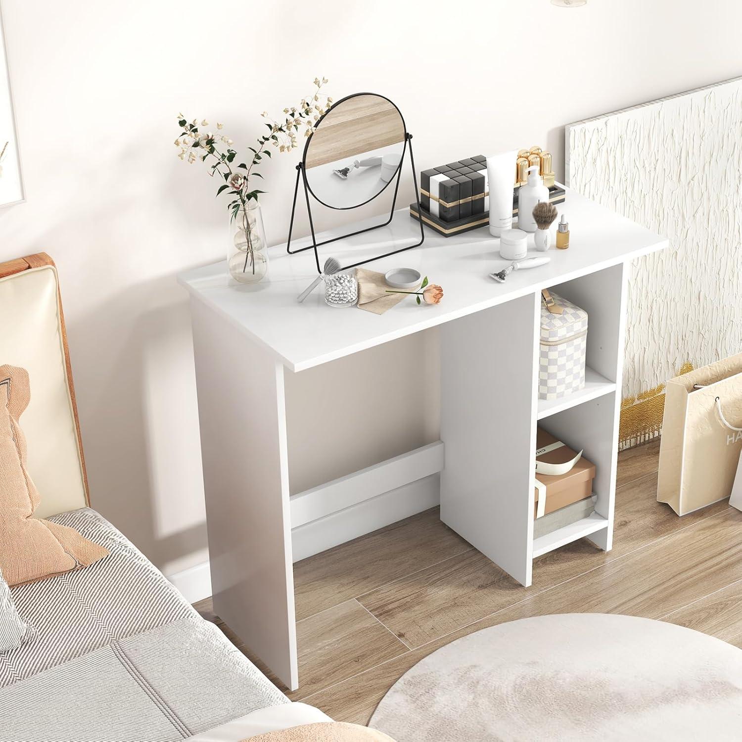 image:imageGiantex Small White Desk Compact Study Writing Desk with 3Position Adjustable Shelf AntiToppling Kit Modern PC Laptop Table Home Office Computer Workstation for Small Space Bedroom DormWhite